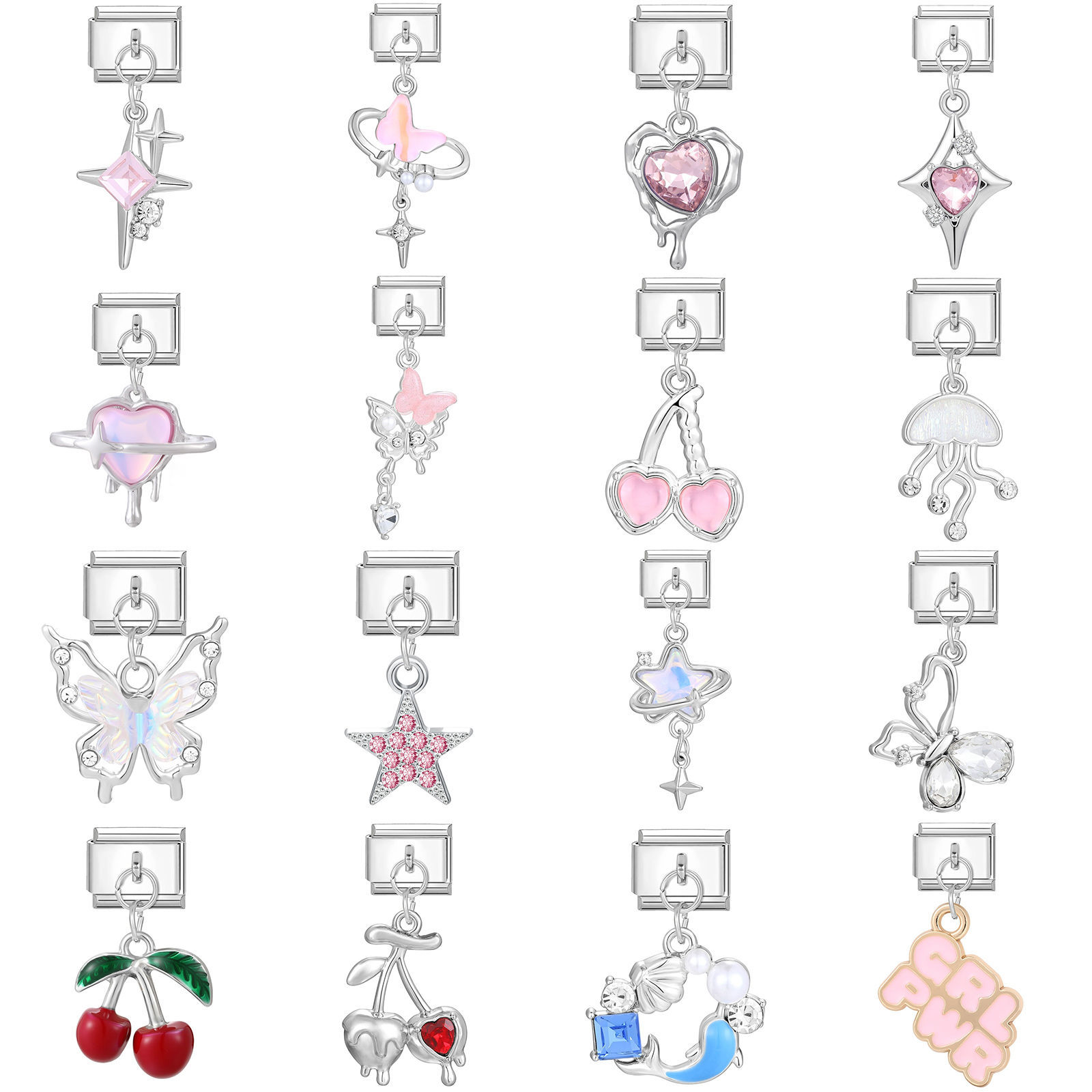 Picture of 1 Piece 304 Stainless Steel Stylish Italian Charm Links For DIY Modular Bracelet Watch Jewelry Making, With Zinc Alloy Pendant Star Cherry Fruit Silver Tone 10mm x 9mm