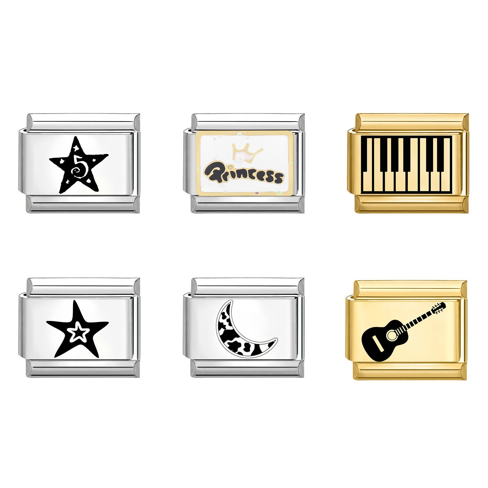 Picture of 304 Stainless Steel Italian Charm Links For DIY Bracelet Jewelry Making Gold Plated & Silver Tone Black Rectangle 10mm x 9mm