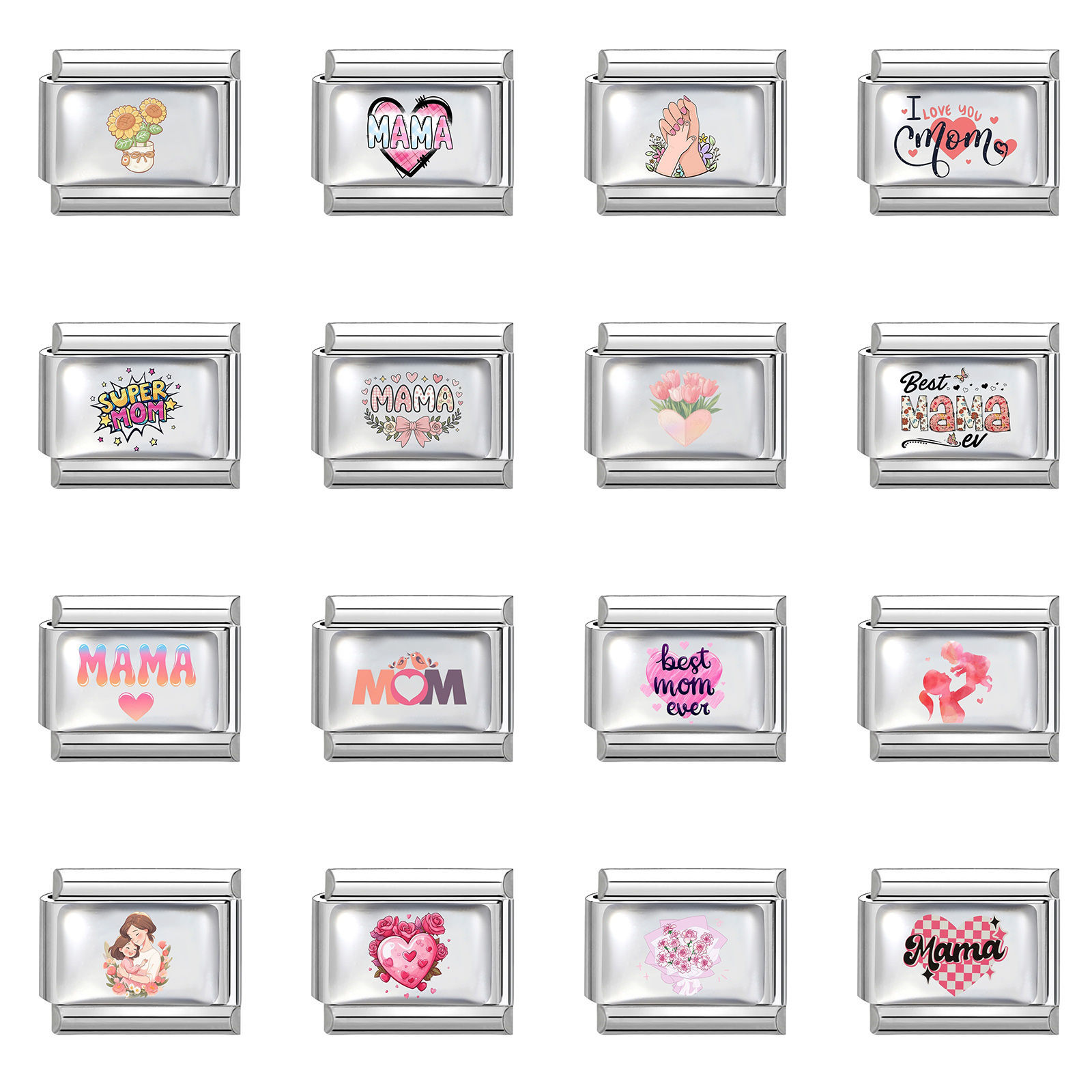 Picture of 304 Stainless Steel Mother's Day Italian Charm Links For DIY Bracelet Jewelry Making Wholesale Silver Tone Rectangle 10mm x 9mm