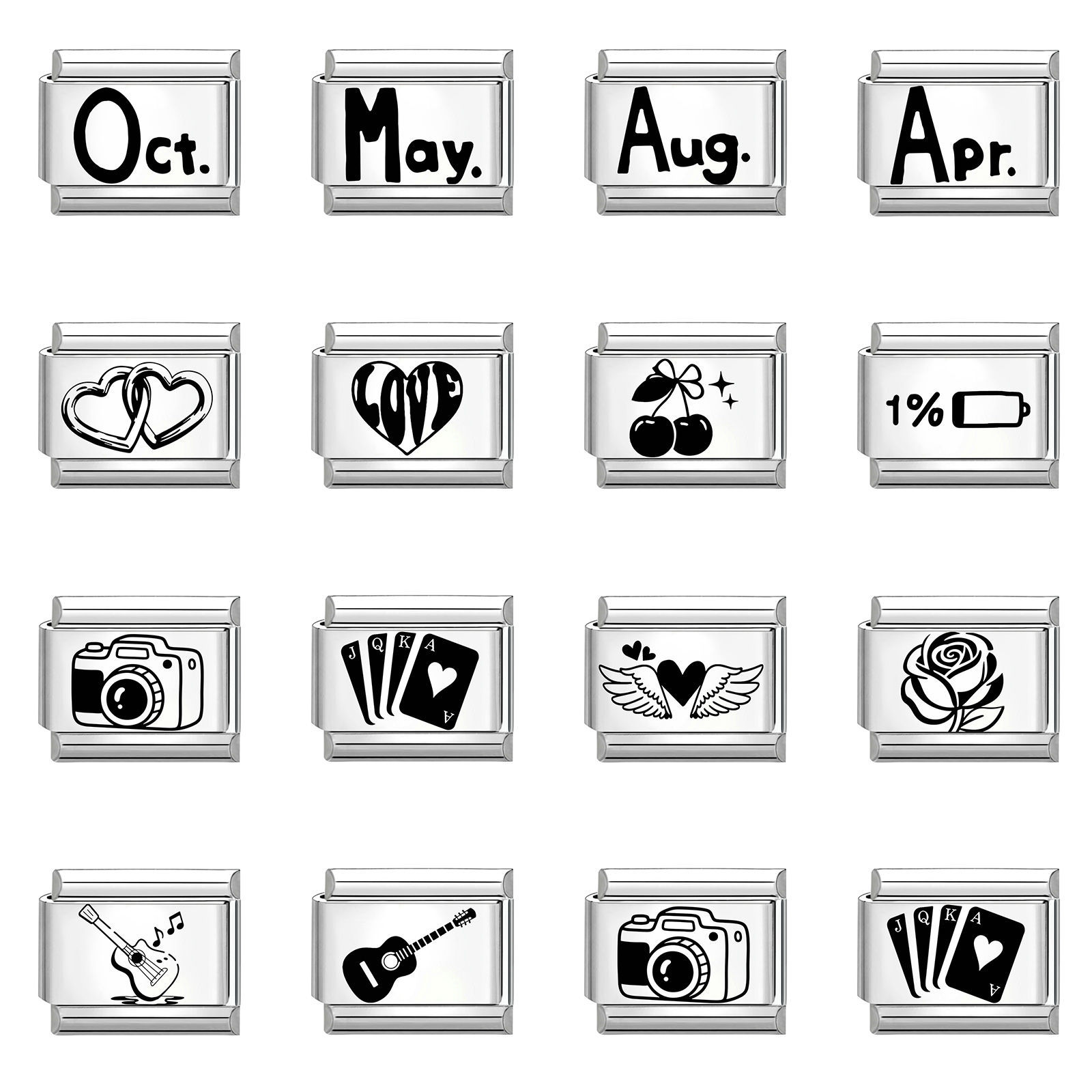 Picture of 304 Stainless Steel Stylish Italian Charm Links For DIY Bracelet Jewelry Making Wholesale Silver Tone Black Rectangle Word Message 10mm x 9mm