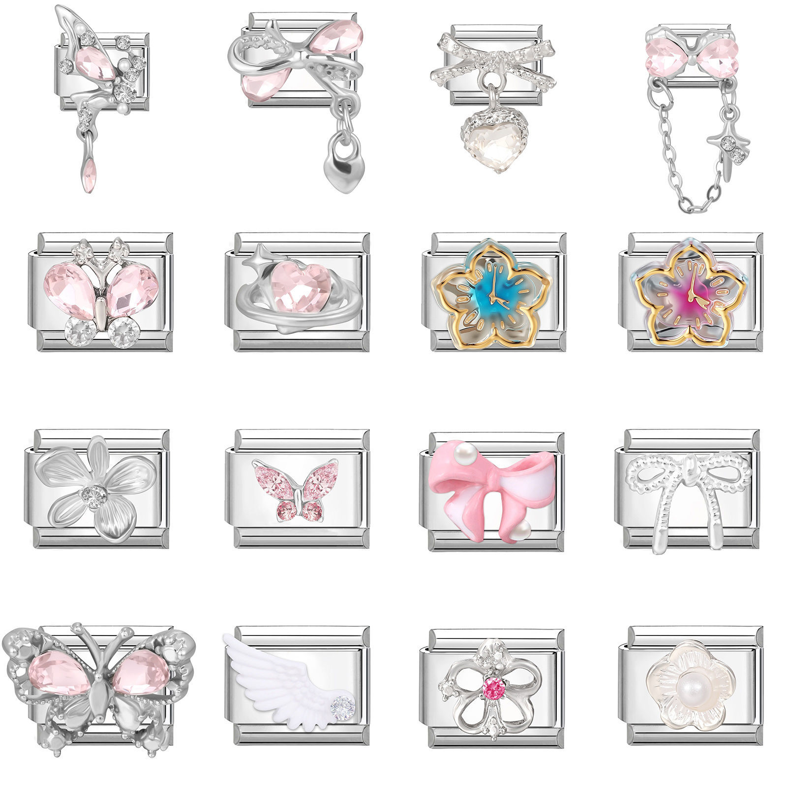 Picture of 304 Stainless Steel Stylish Italian Charm Links For DIY Bracelet Jewelry Making Wholesale Silver Tone Rectangle Butterfly 10mm x 9mm