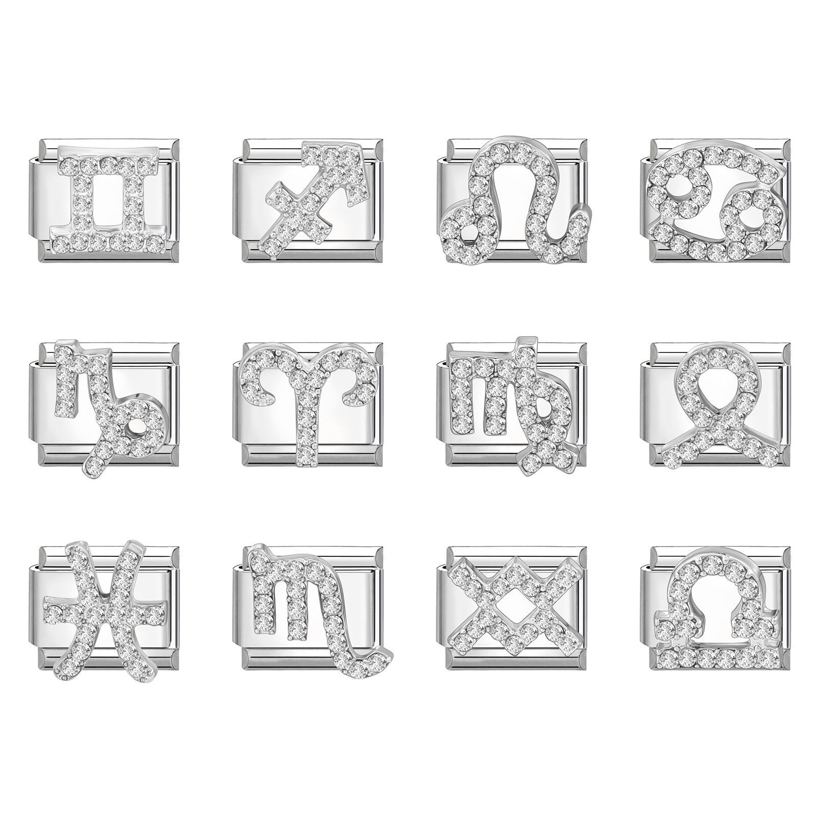 Picture of 304 Stainless Steel & Zinc Based Alloy Italian Charm Links For DIY Modular Bracelet Watch Jewelry Making Wholesale Silver Tone Rectangle Zodiac Constellation Clear Rhinestone 10mm x 9mm