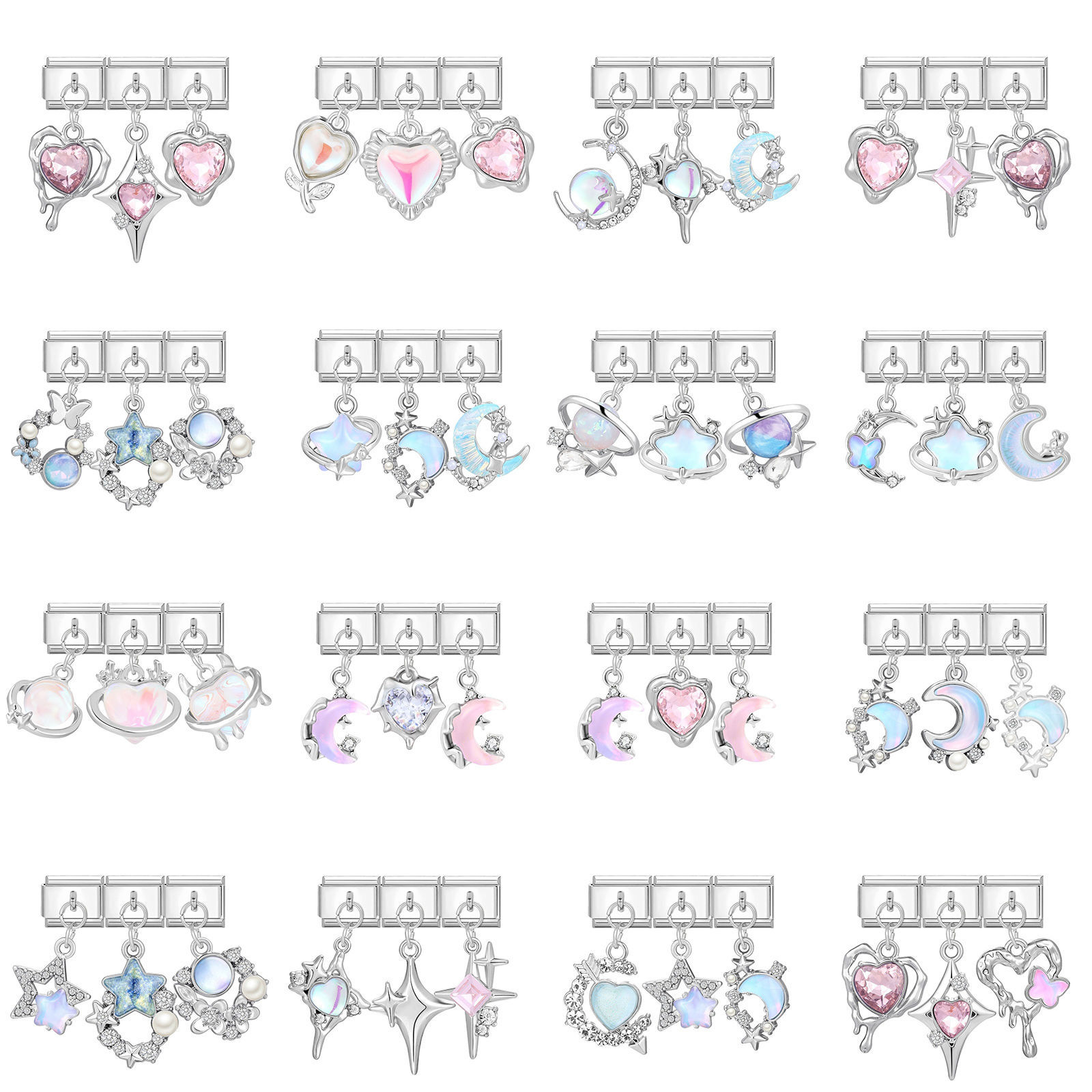 Picture of 1 Packet ( 3 PCs/Set) 304 Stainless Steel Italian Charm Links For DIY Modular Bracelet Watch Jewelry Making, With Zinc Alloy Pendant Planet Moon AB Color Silver Tone - Wholesale, 10mm x 9mm