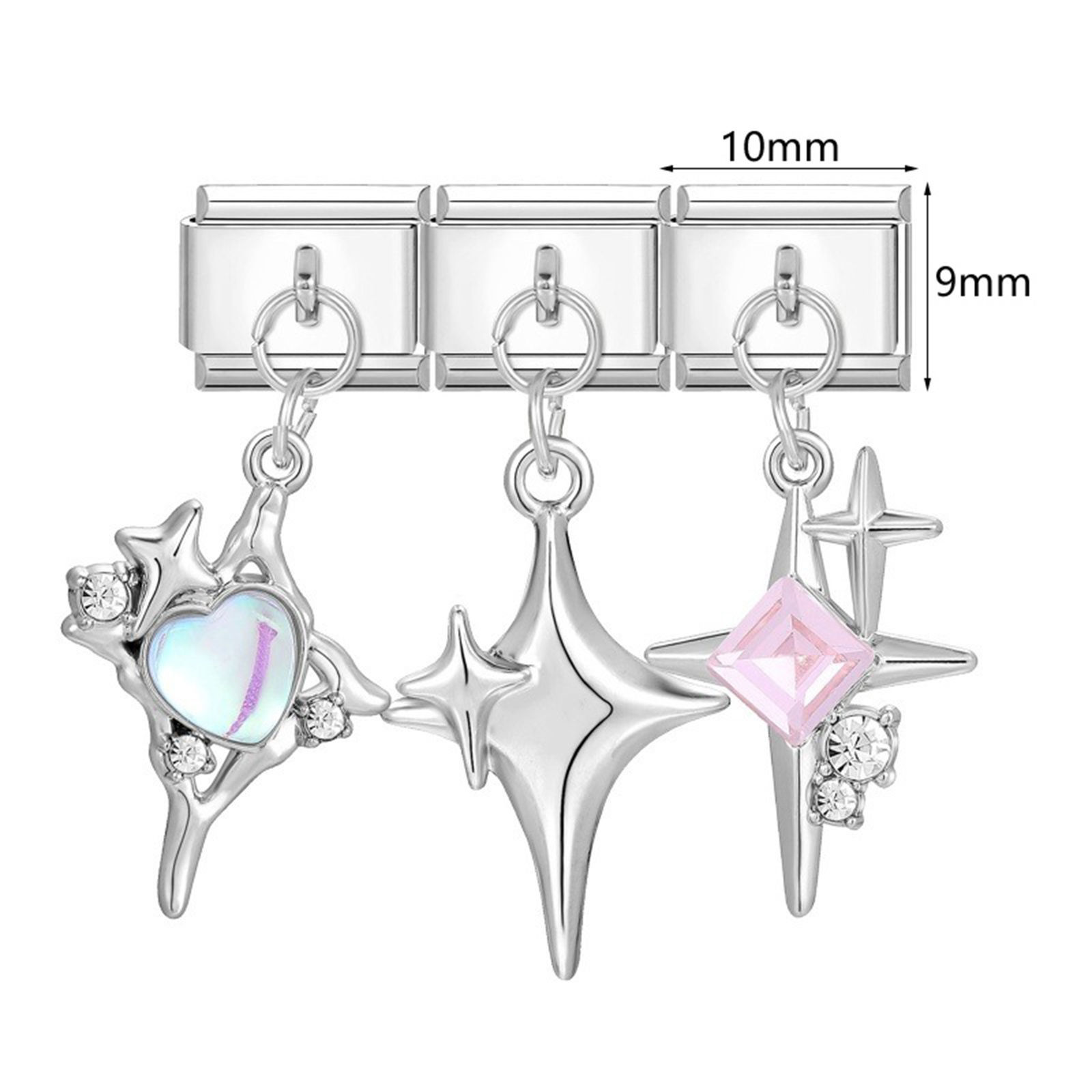 Picture of 1 Packet ( 3 PCs/Set) 304 Stainless Steel Italian Charm Links For DIY Modular Bracelet Watch Jewelry Making, With Zinc Alloy Pendant Planet Moon AB Color Silver Tone - Wholesale, 10mm x 9mm