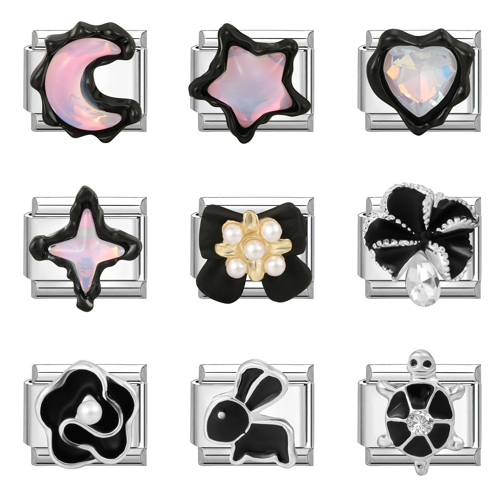 Picture of 304 Stainless Steel Italian Charm Links For DIY Modular Bracelet Watch Jewelry Making Wholesale Silver Tone Black Rectangle 10mm x 9mm