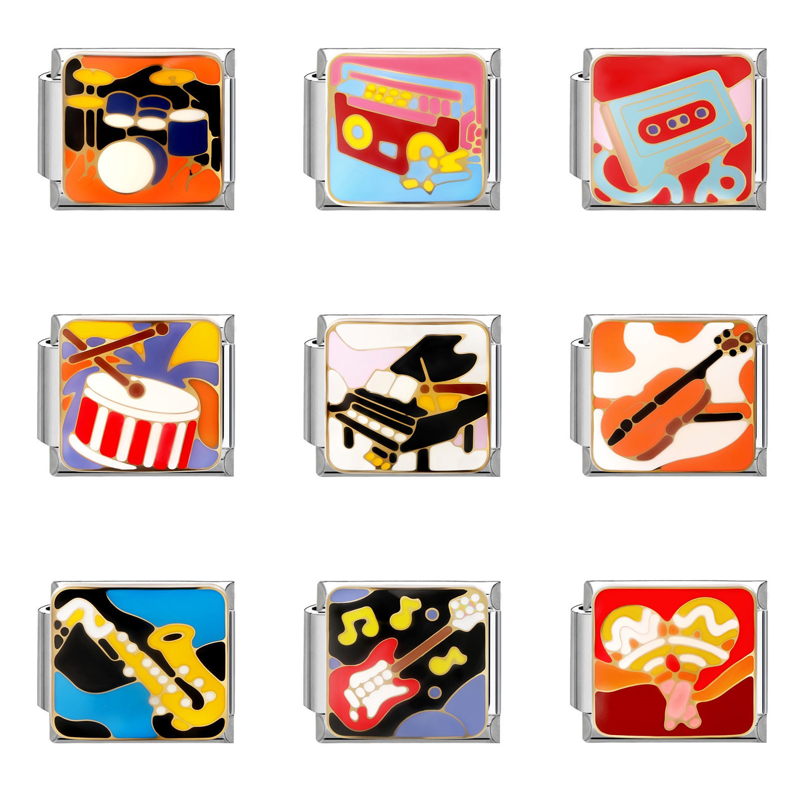 Picture of 304 Stainless Steel Music Italian Charm Links For DIY Modular Bracelet Watch Jewelry Making Wholesale Silver Tone Multicolor Enamel Rectangle Musical Instrument 10mm x 9mm