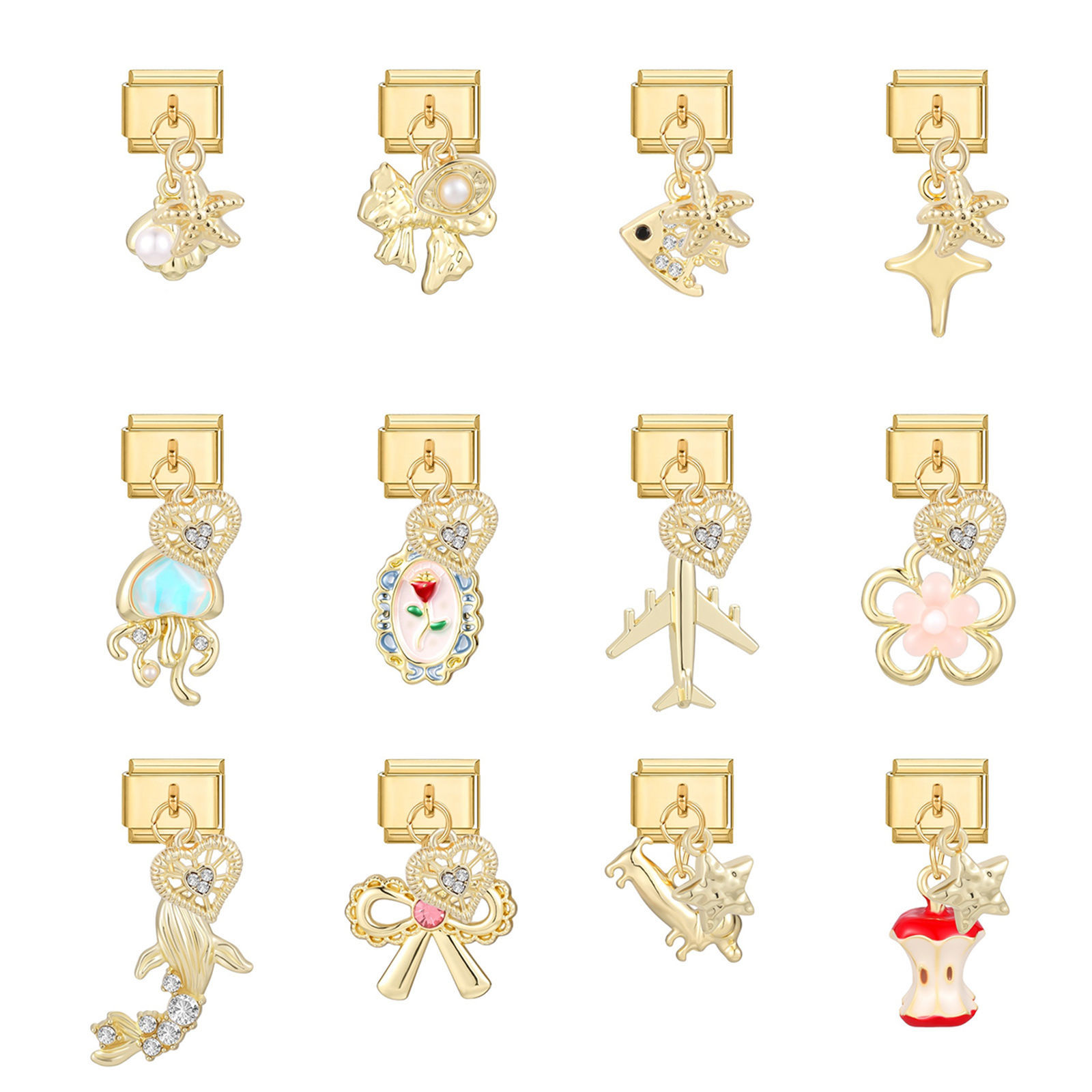 Picture of 1 Piece 304 Stainless Steel Italian Charm Links For DIY Modular Bracelet Watch Jewelry Making, With Zinc Alloy Pendant Shell Apple Fruit Gold Plated - Wholesale, 10mm x 9mm