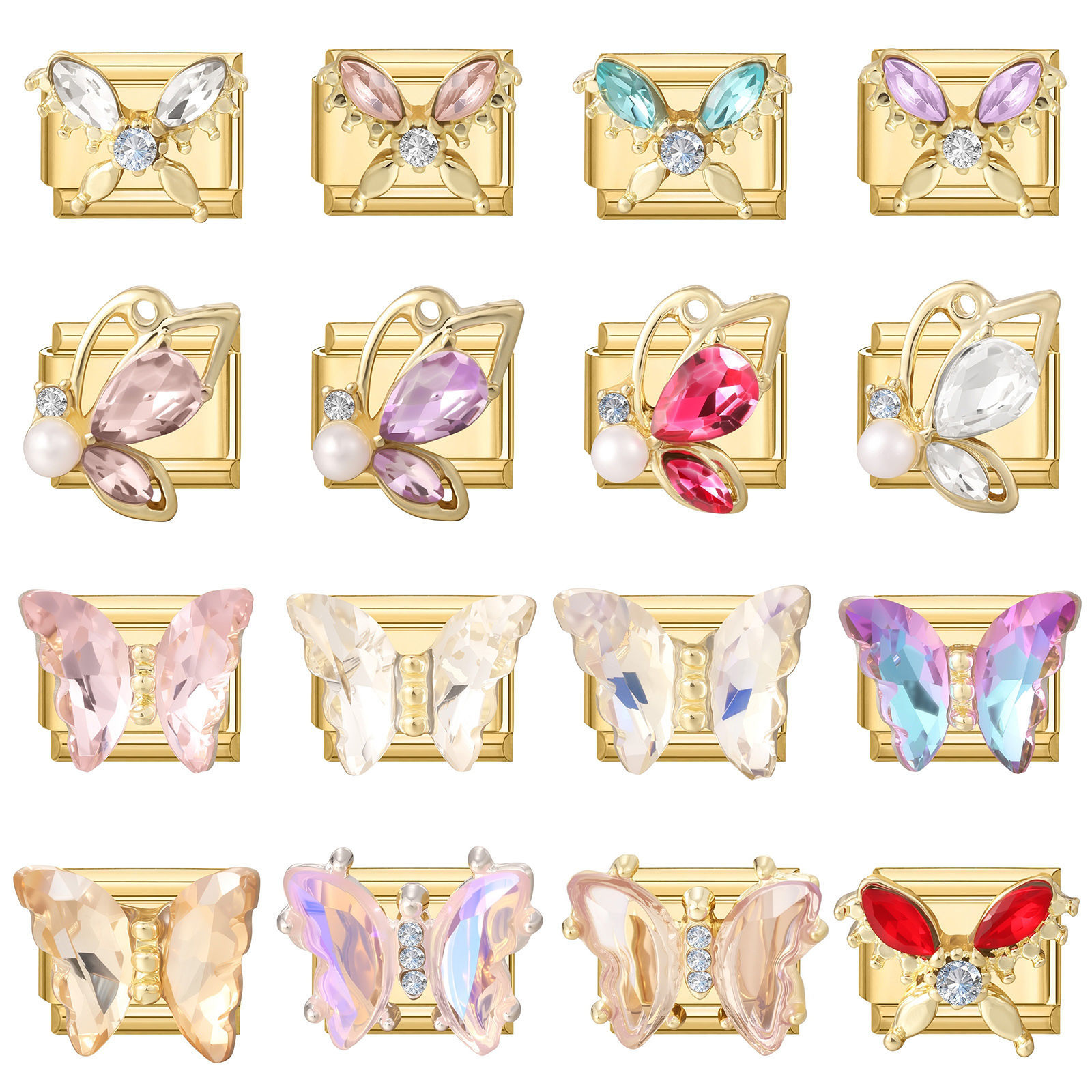 Picture of 304 Stainless Steel Insect Italian Charm Links For DIY Modular Bracelet Watch Jewelry Making Wholesale Gold Plated Rectangle Butterfly Multicolor Rhinestone 10mm x 9mm