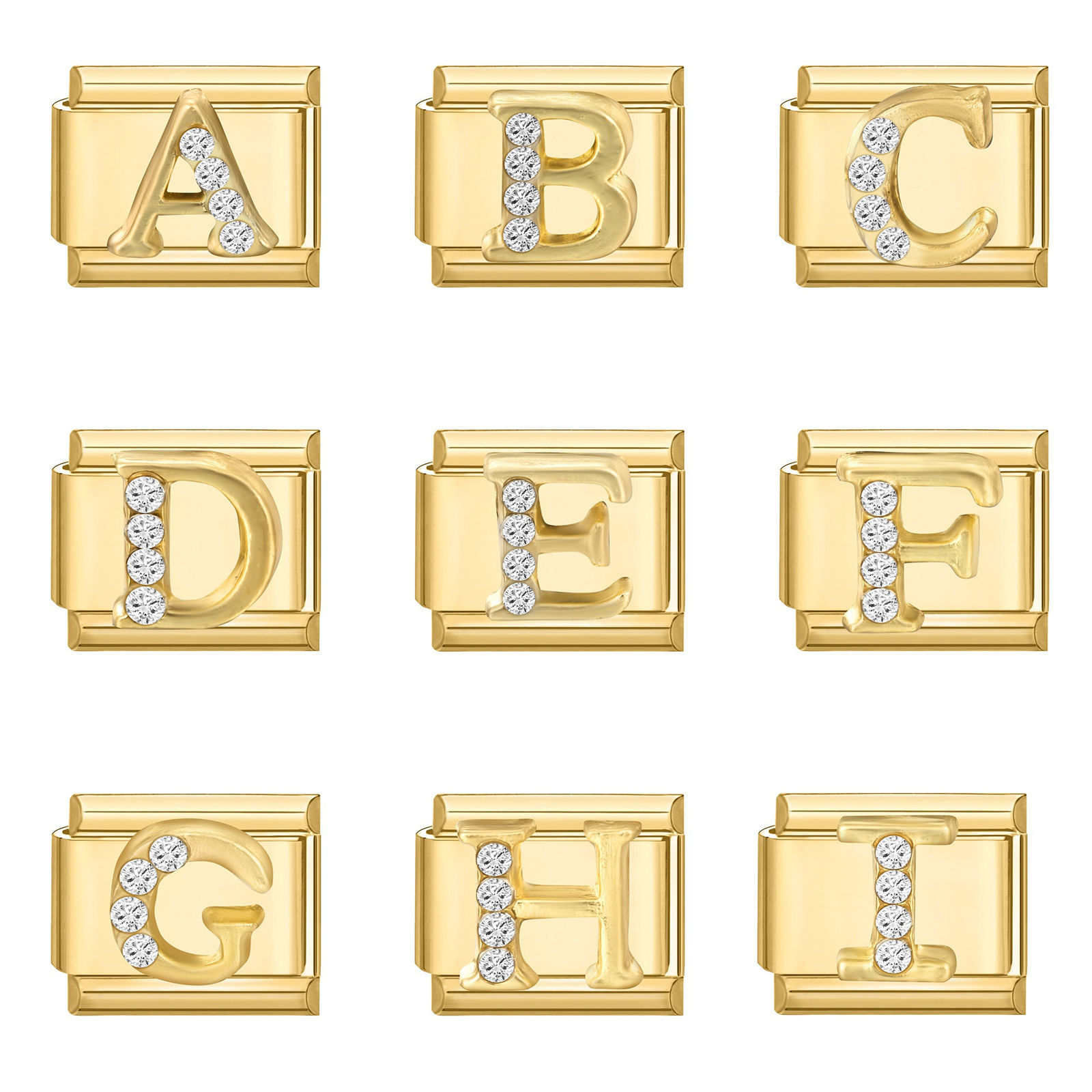 Picture of 1 Piece 304 Stainless Steel Italian Charm Links For DIY Modular Bracelet Watch Jewelry Making, Rectangle Capital Alphabet Initial Letter Message " A-Z " Clear Rhinestone Gold Plated - Wholesale, 10mm x 9mm