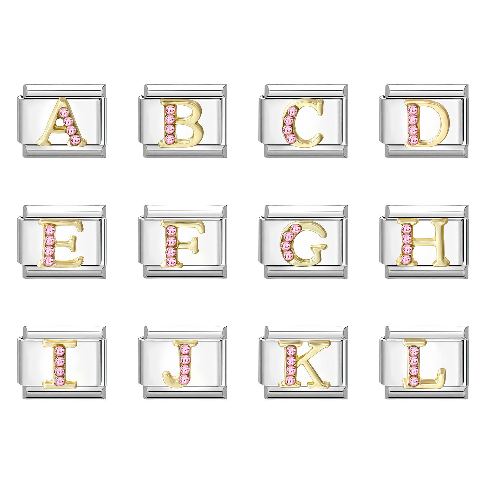 Image de 1 Pièce Maillons de Charme Italiens pour la Fabrication de Bijoux de Montres-Bracelets Modulables à Faire Soi-Même En Gros en 304 Acier Inoxydable & Alliage de Zinc Argent Mat Alphabet Initial/ Lettre Majuscule Mots " A-Z " à Strass Rose 10mm x 9mm