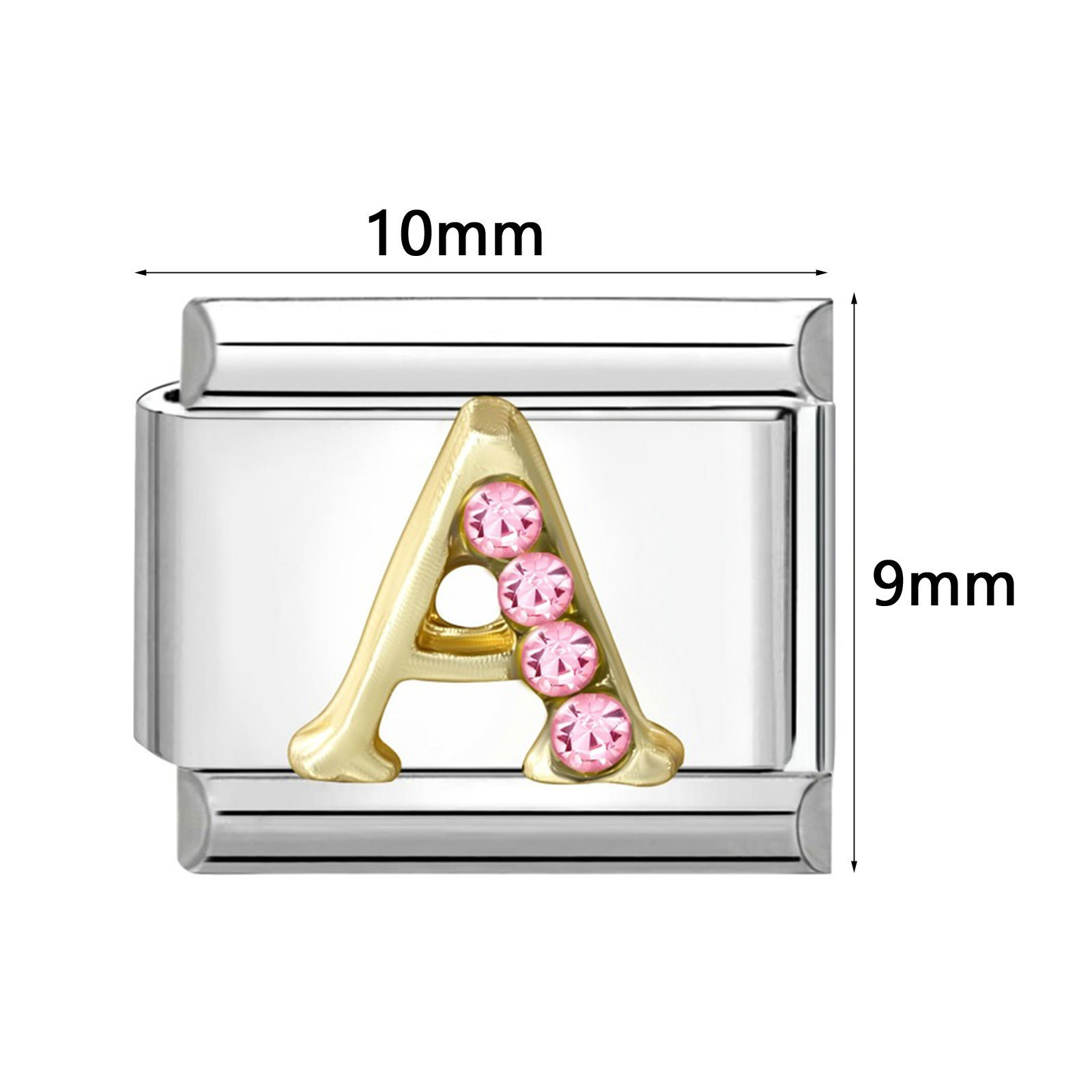 Image de 1 Pièce Maillons de Charme Italiens pour la Fabrication de Bijoux de Montres-Bracelets Modulables à Faire Soi-Même En Gros en 304 Acier Inoxydable & Alliage de Zinc Argent Mat Alphabet Initial/ Lettre Majuscule Mots " A-Z " à Strass Rose 10mm x 9mm