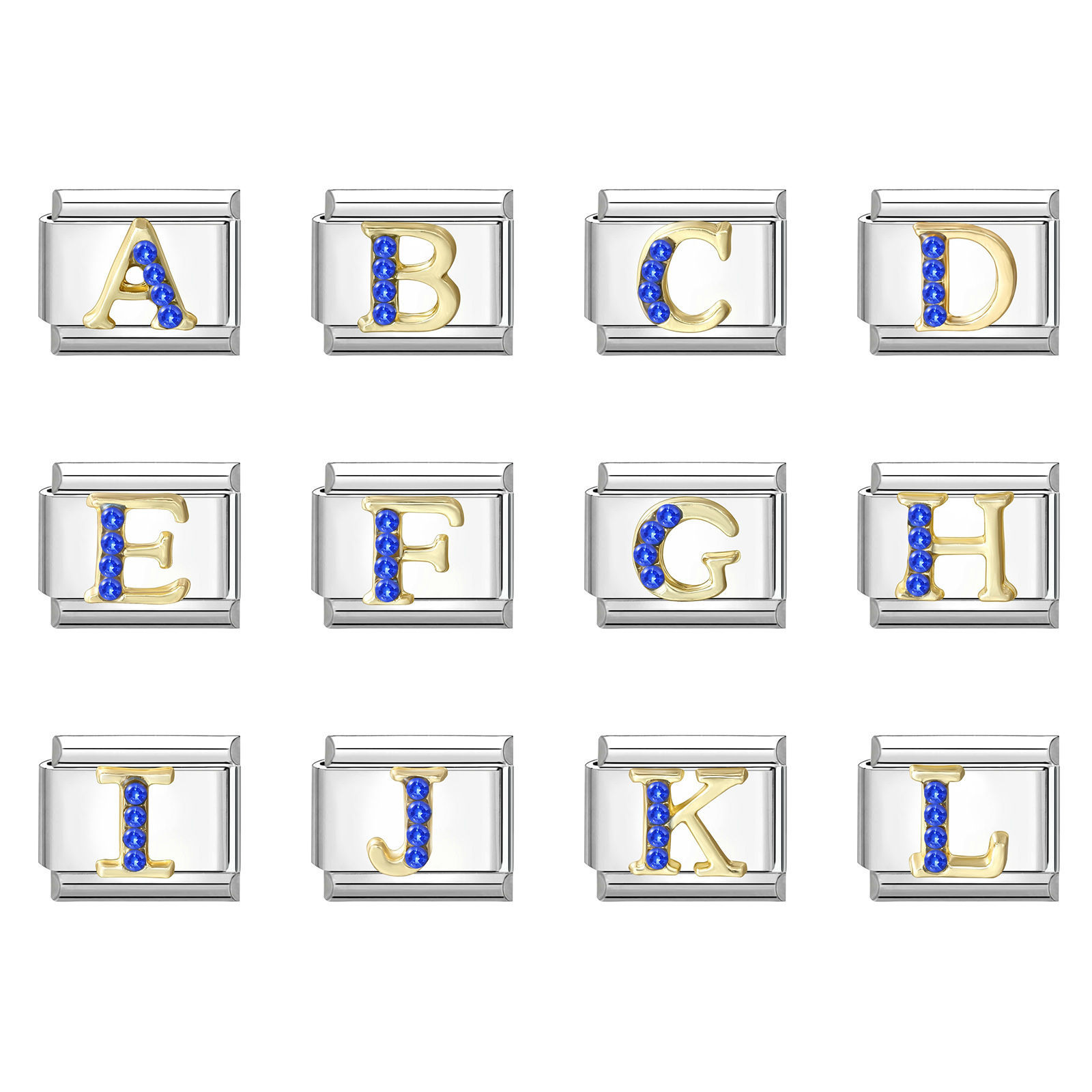 Image de 1 Pièce Maillons de Charme Italiens pour la Fabrication de Bijoux de Montres-Bracelets Modulables à Faire Soi-Même En Gros en 304 Acier Inoxydable & Alliage de Zinc Argent Mat Alphabet Initial/ Lettre Majuscule Mots " A-Z " à Strass Bleu 10mm x 9mm