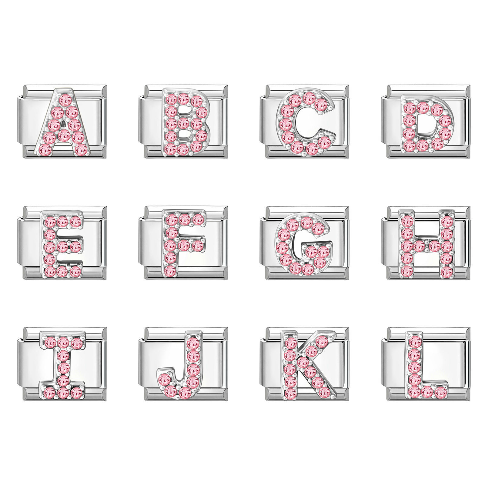 Picture of 1 Piece 304 Stainless Steel & Zinc Based Alloy Italian Charm Links For DIY Modular Bracelet Watch Jewelry Making, Capital Alphabet Initial Letter Message " A-Z " Pink Rhinestone Silver Tone - Wholesale, 10mm x 9mm
