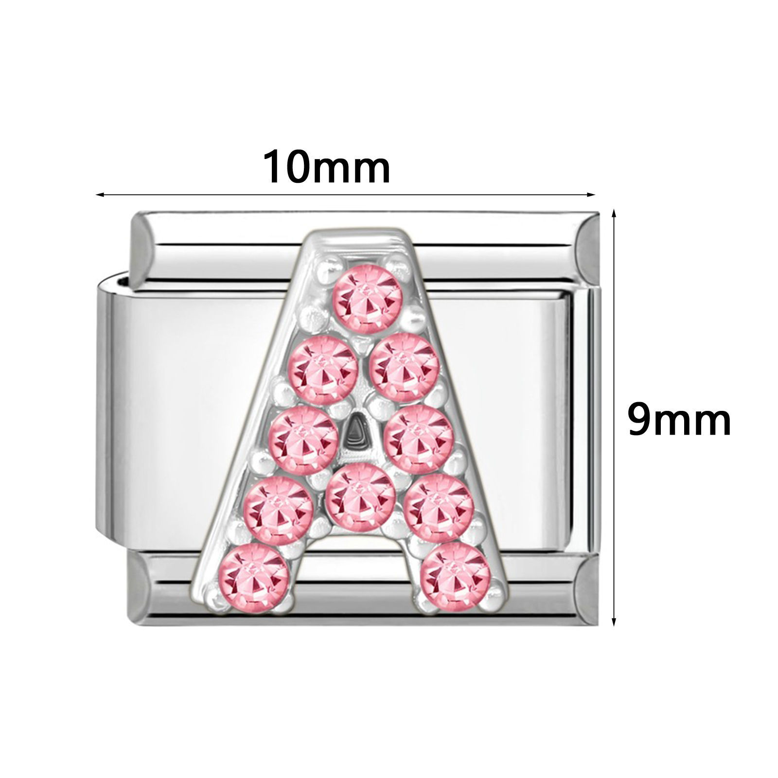 Picture of 1 Piece 304 Stainless Steel & Zinc Based Alloy Italian Charm Links For DIY Modular Bracelet Watch Jewelry Making, Capital Alphabet Initial Letter Message " A-Z " Pink Rhinestone Silver Tone - Wholesale, 10mm x 9mm