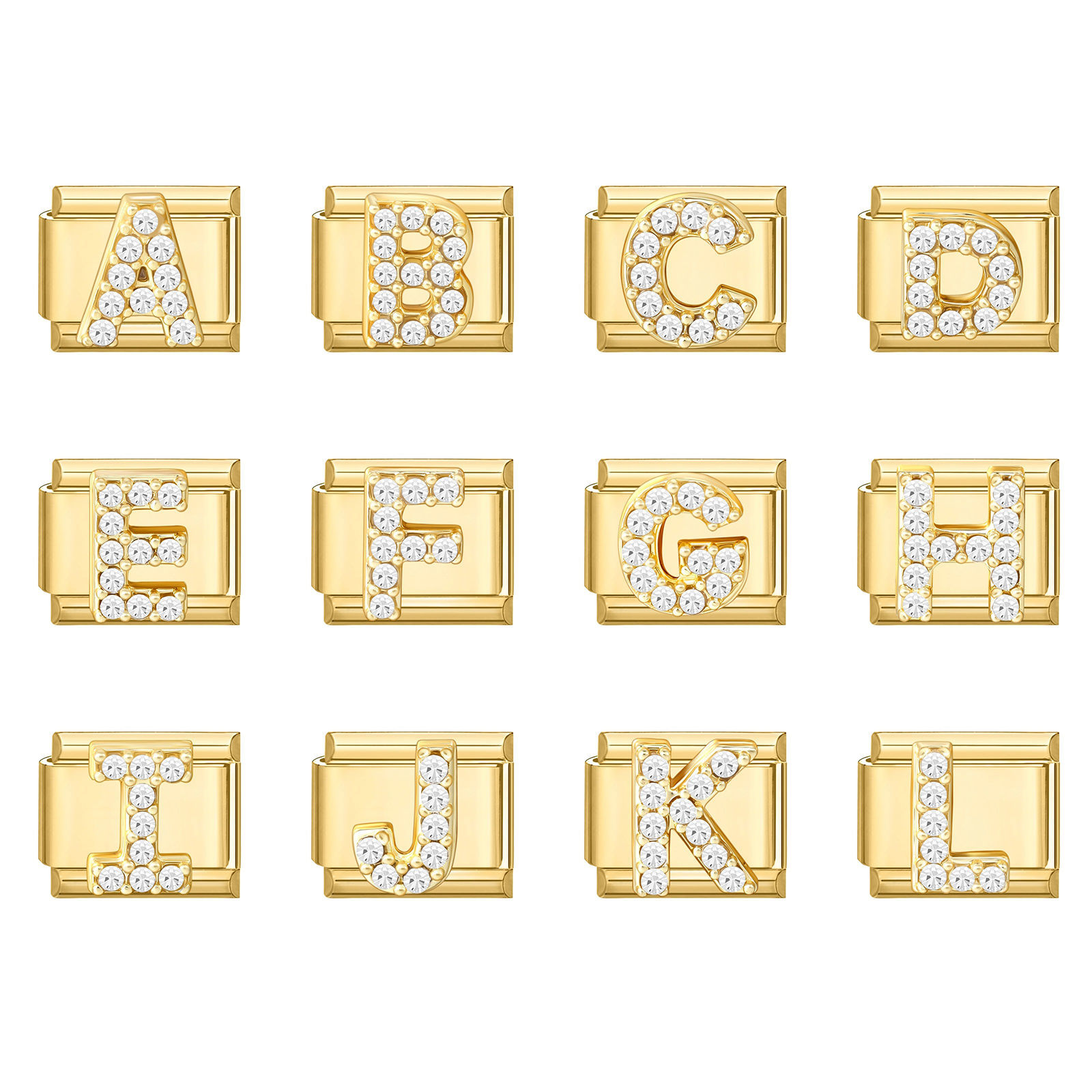 Picture of 1 Piece 304 Stainless Steel & Zinc Based Alloy Italian Charm Links For DIY Modular Bracelet Watch Jewelry Making, Capital Alphabet Initial Letter Message " A-Z " Clear Rhinestone Gold Plated - Wholesale, 10mm x 9mm