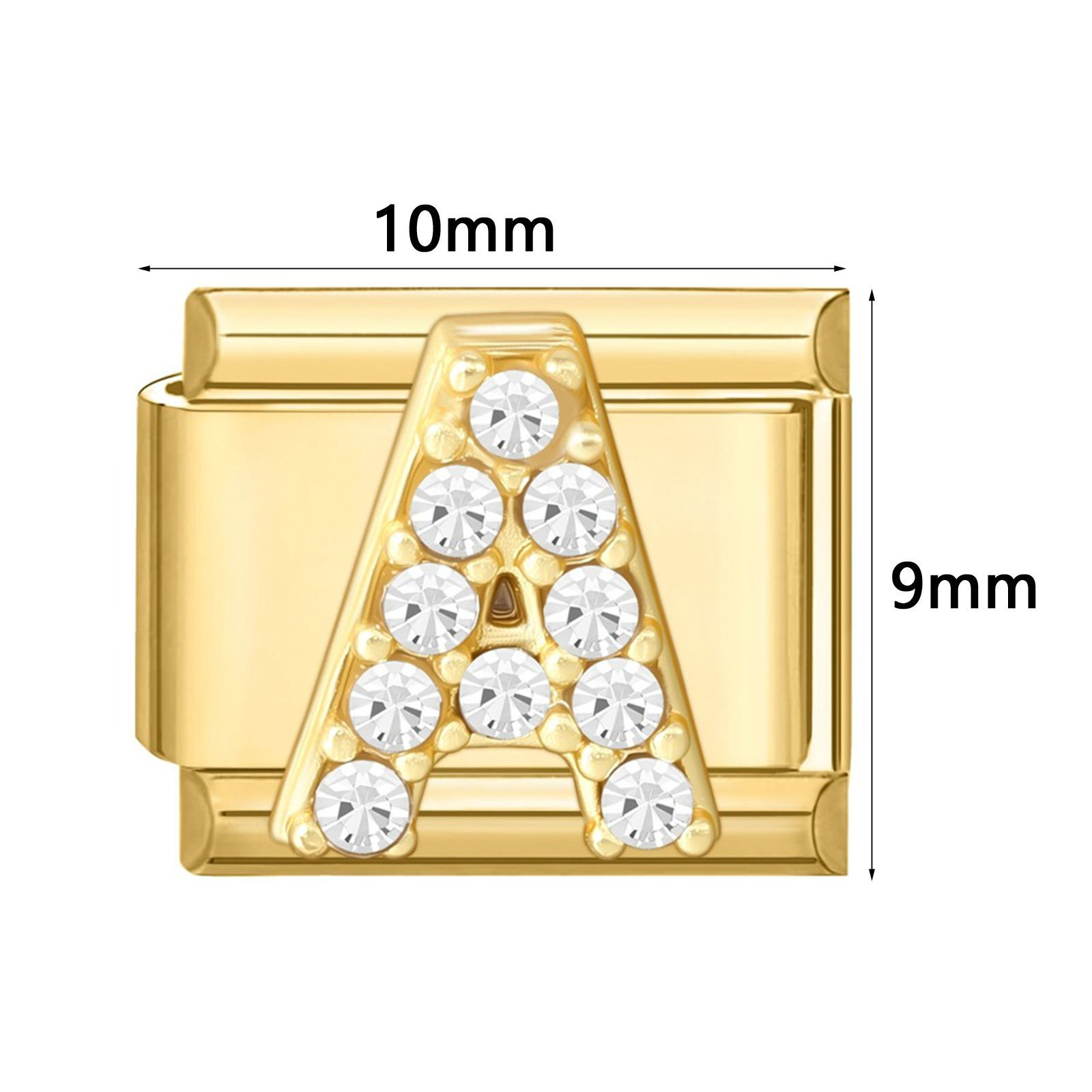 Picture of 1 Piece 304 Stainless Steel & Zinc Based Alloy Italian Charm Links For DIY Modular Bracelet Watch Jewelry Making, Capital Alphabet Initial Letter Message " A-Z " Clear Rhinestone Gold Plated - Wholesale, 10mm x 9mm