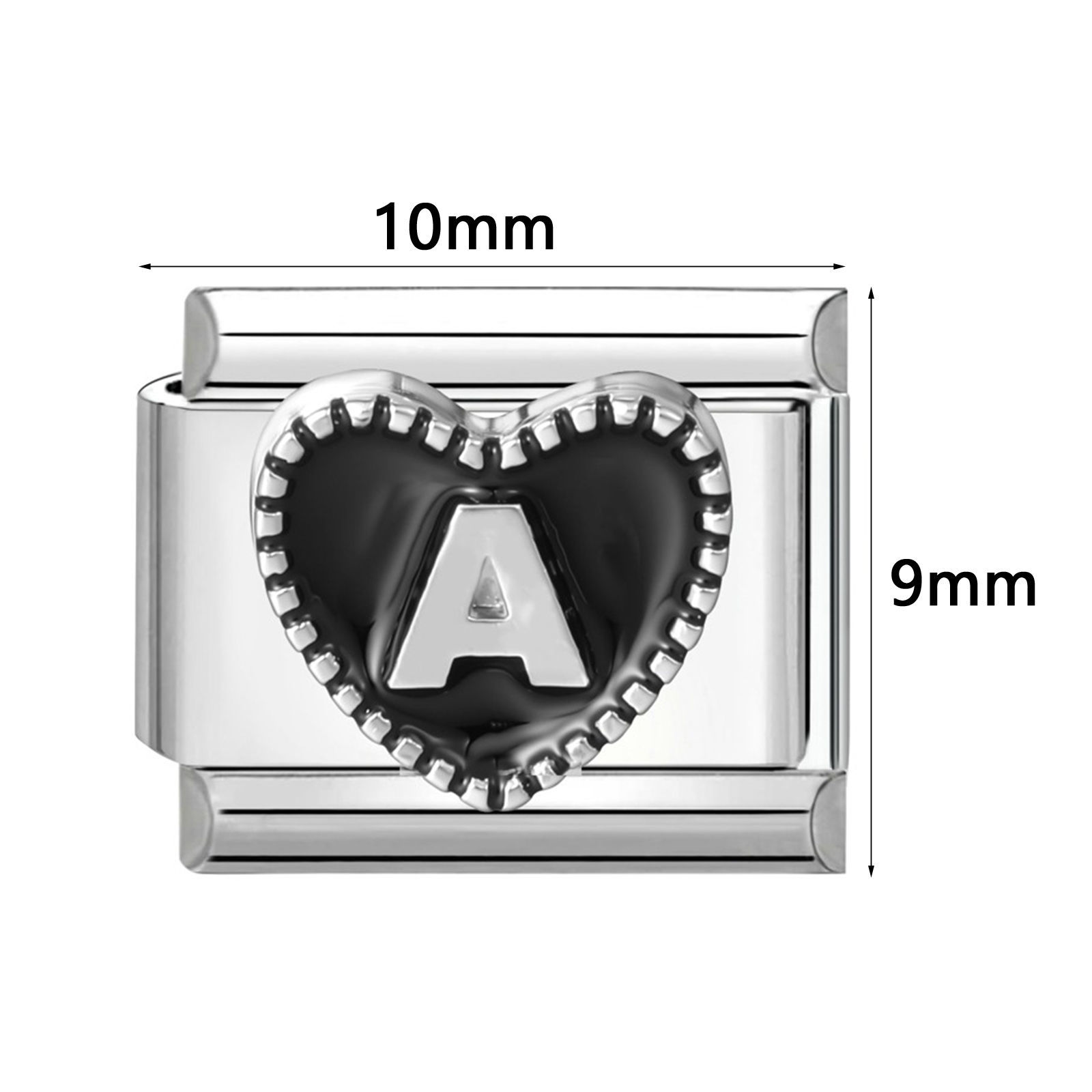 Picture of 1 Piece 304 Stainless Steel & Zinc Based Alloy Valentine's Day Italian Charm Links For DIY Modular Bracelet Watch Jewelry Making, Heart Message " A-Z " Black Silver Tone - Wholesale, 10mm x 9mm