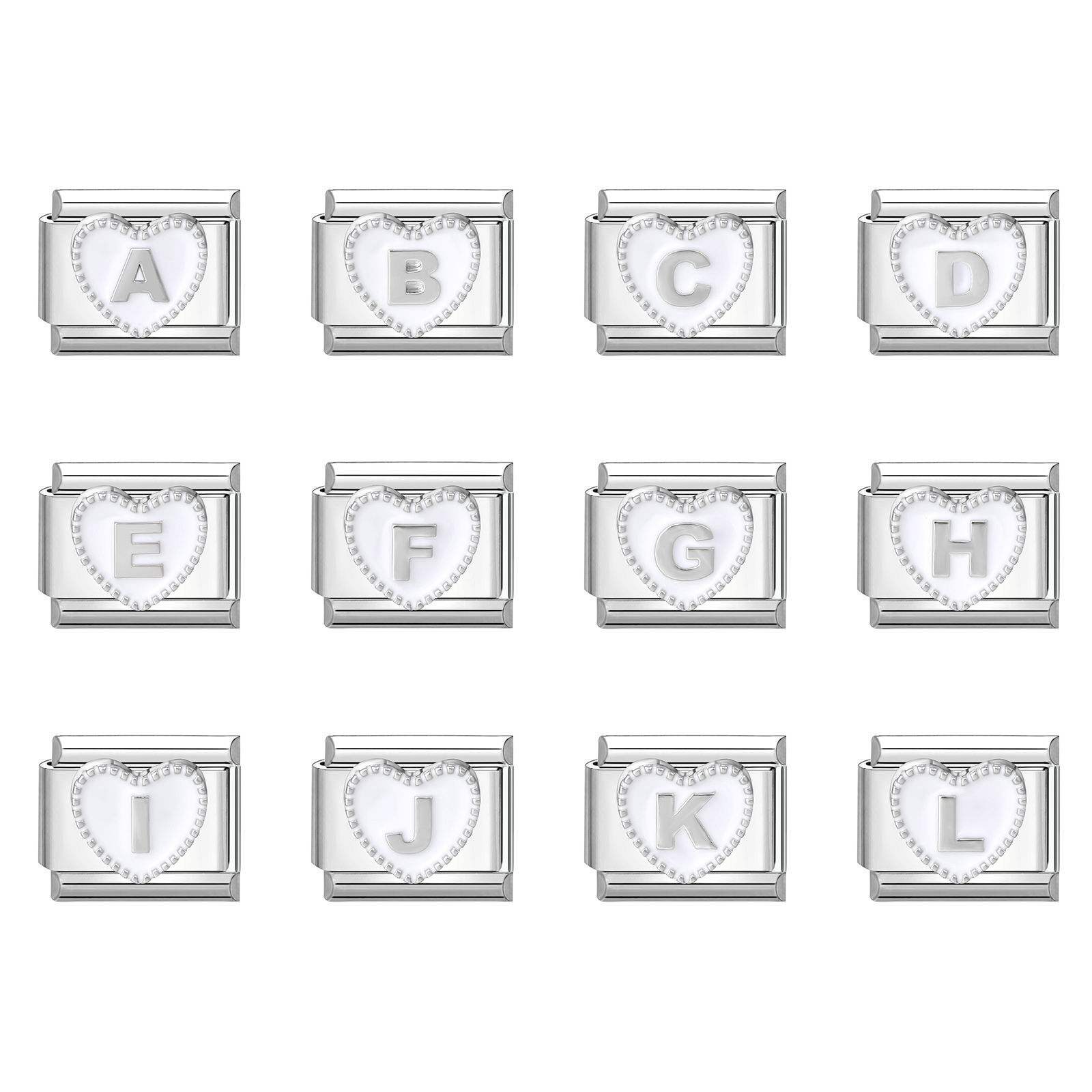 Image de 1 Pièce Maillons de Charme Italiens pour la Fabrication de Bijoux de Montres-Bracelets Modulables à Faire Soi-Même En Gros La Saint Valentin en 304 Acier Inoxydable & Alliage de Zinc Argent Mat en Blanc Cœur Mots " A-Z " 10mm x 9mm
