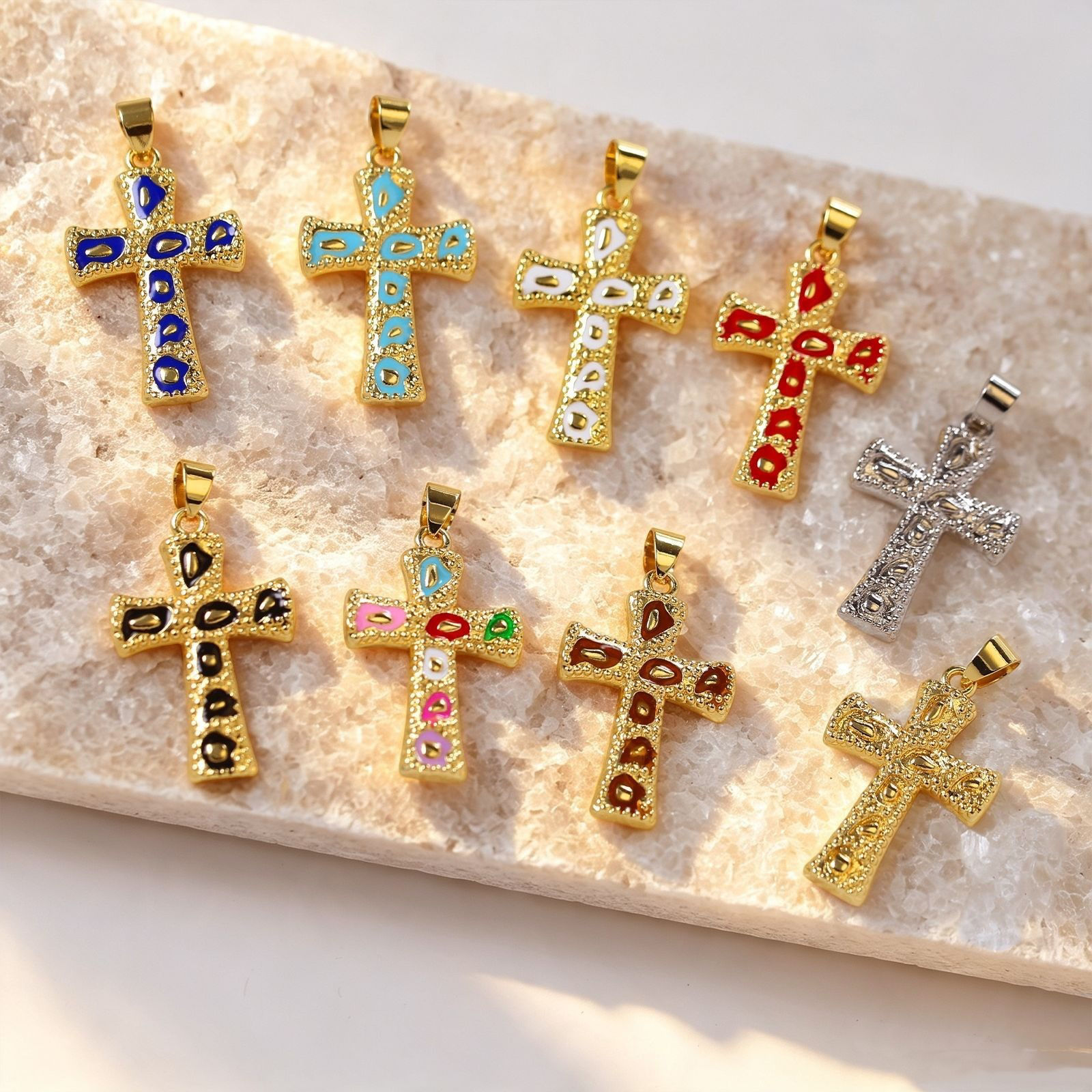 Picture of 1 Piece Brass Religious Pendants Wholesale, Cross Multicolor Enamel 3.7cm x 2cm