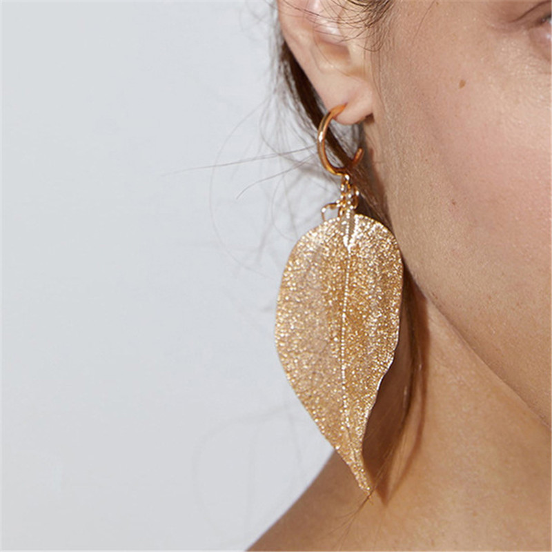 Picture of Hoop Earrings Gold Plated Leaf 90mm x 33mm, 1 Pair