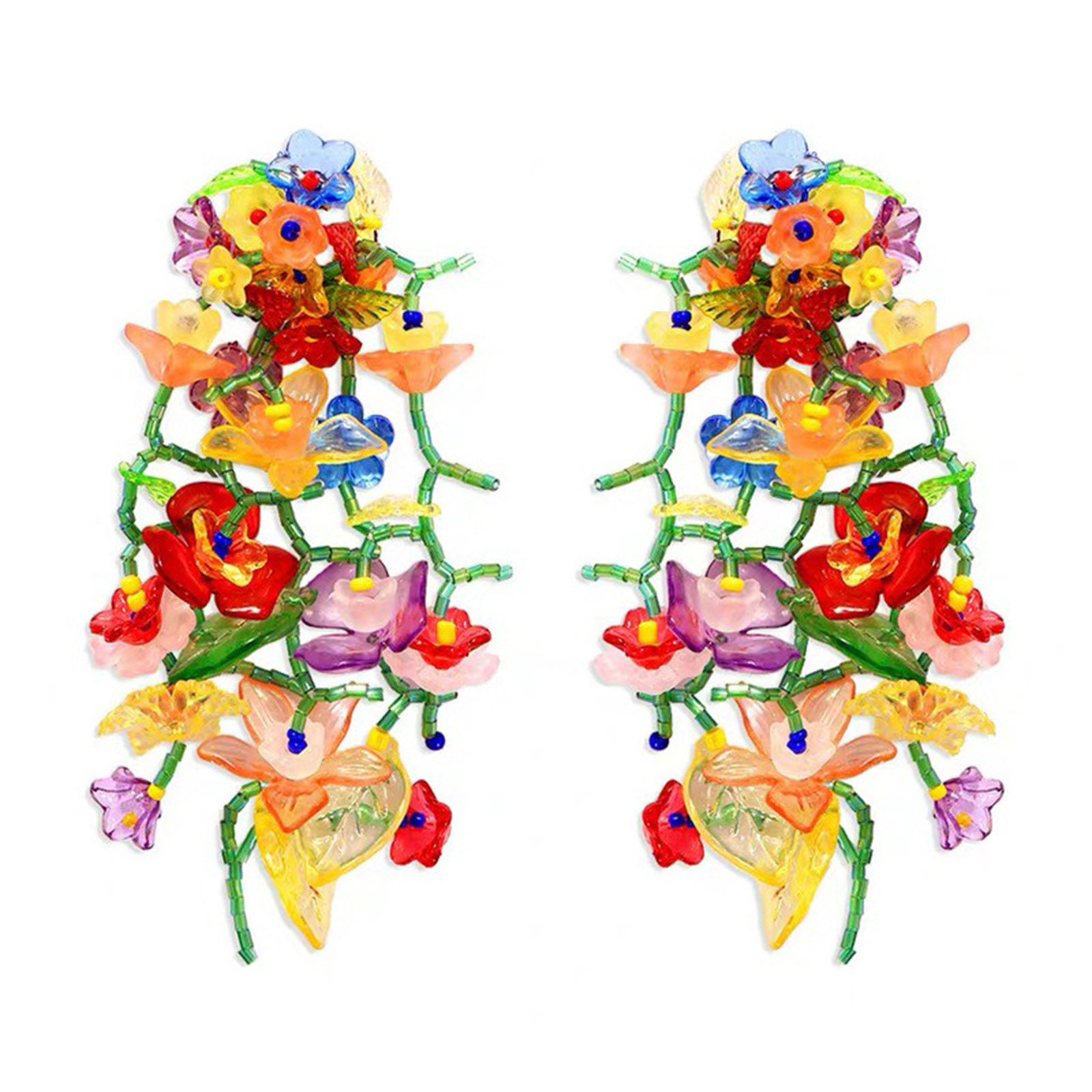 Picture of Resin & Plastic Ethnic Earrings Gold Plated Multicolor Tassel Flower 10cm x 3.5cm, 1 Pair