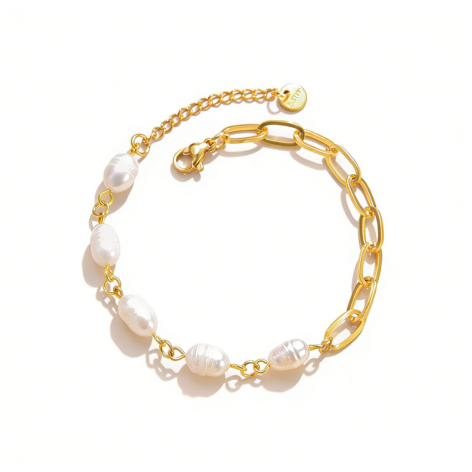 Picture of 1 Piece Vacuum Plating Baroque Elegant 14K Gold Plated 304 Stainless Steel Paperclip Chain Imitation Pearl Bracelets For Women Party 16cm(6 2/8") long