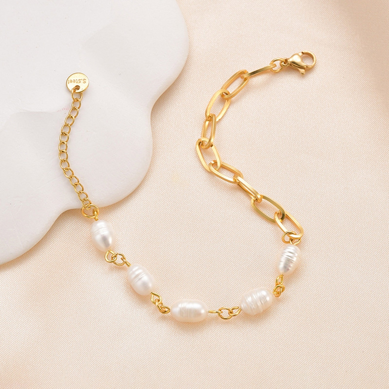 Picture of 1 Piece Vacuum Plating Baroque Elegant 14K Gold Plated 304 Stainless Steel Paperclip Chain Imitation Pearl Bracelets For Women Party 16cm(6 2/8") long
