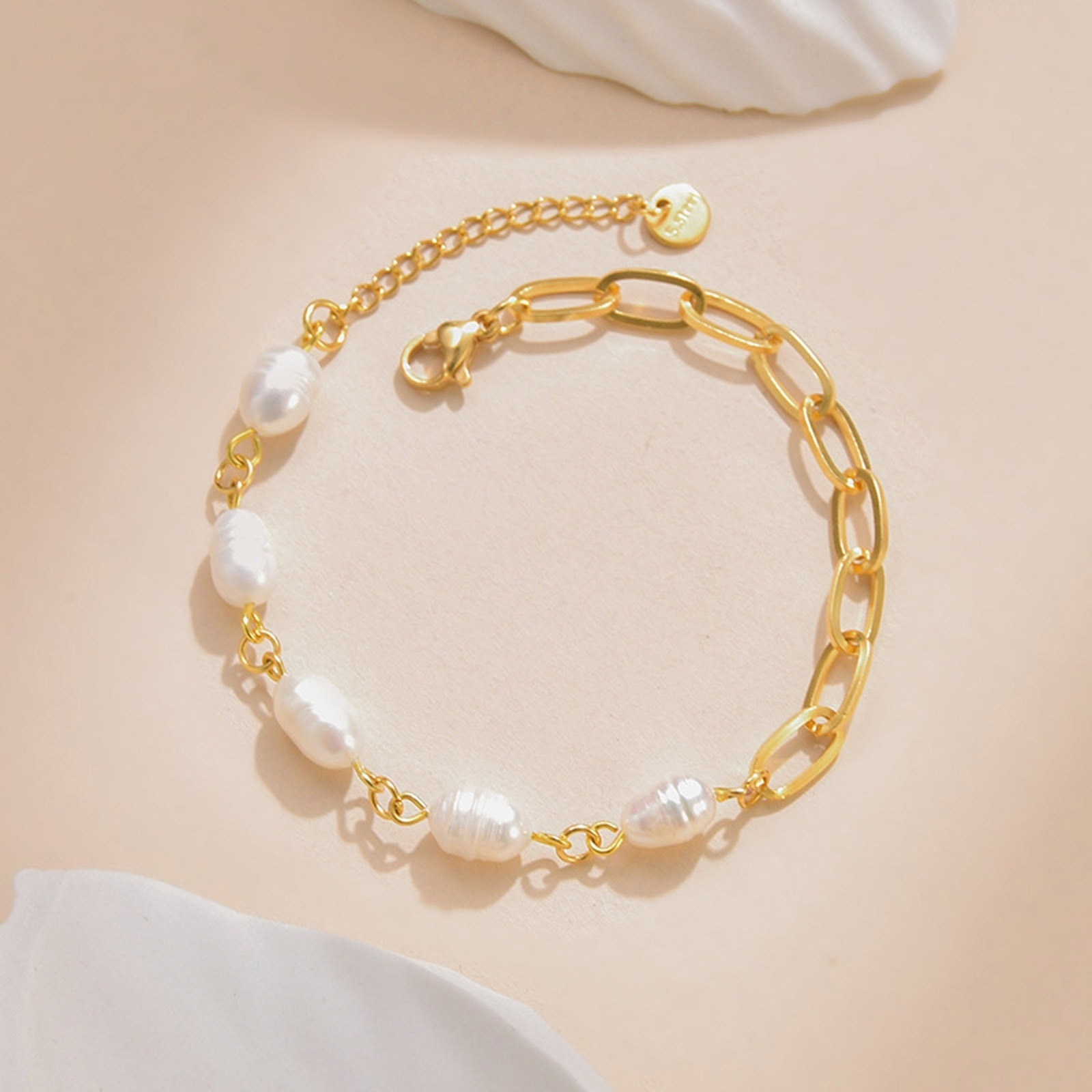Picture of 1 Piece Vacuum Plating Baroque Elegant 14K Gold Plated 304 Stainless Steel Paperclip Chain Imitation Pearl Bracelets For Women Party 16cm(6 2/8") long