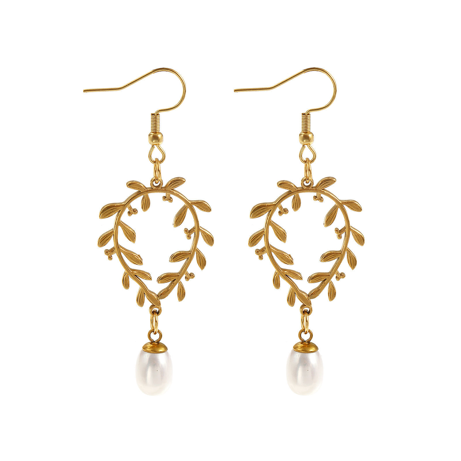 Picture of 1 Pair Eco-friendly PVD Vacuum Plating Stylish Exquisite 18K Real Gold Plated White 304 Stainless Steel & Natural Pearl Leaf Earrings For Women Gift 6.6cm x 2.3cm, Post/ Wire Size: 0.7mm(21 gauge)