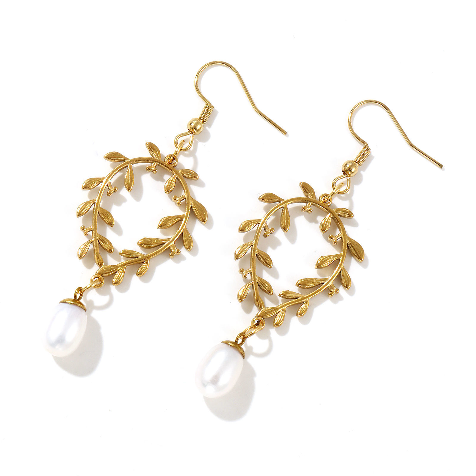 Picture of 1 Pair Eco-friendly PVD Vacuum Plating Stylish Exquisite 18K Real Gold Plated White 304 Stainless Steel & Natural Pearl Leaf Earrings For Women Gift 6.6cm x 2.3cm, Post/ Wire Size: 0.7mm(21 gauge)