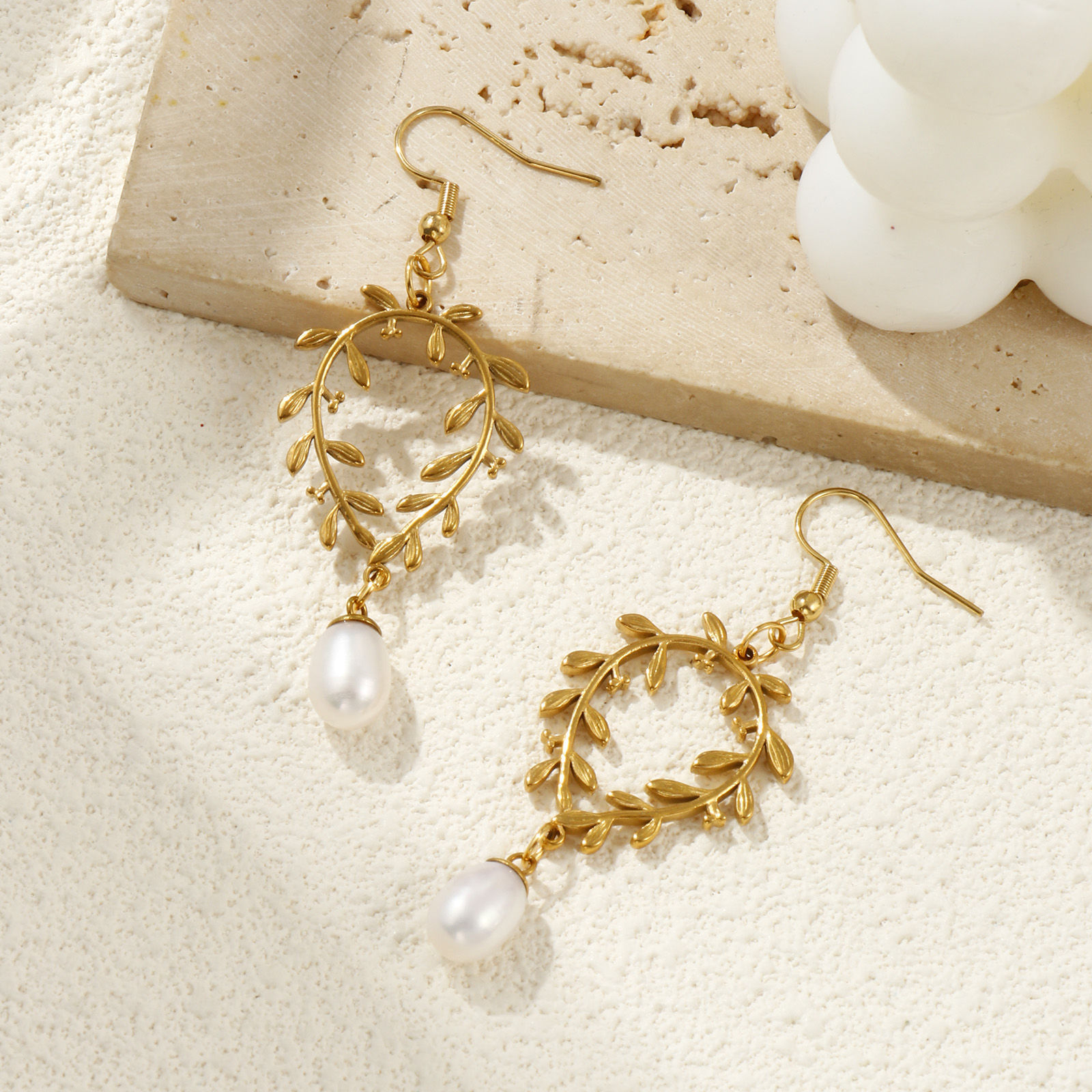 Picture of 1 Pair Eco-friendly PVD Vacuum Plating Stylish Exquisite 18K Real Gold Plated White 304 Stainless Steel & Natural Pearl Leaf Earrings For Women Gift 6.6cm x 2.3cm, Post/ Wire Size: 0.7mm(21 gauge)