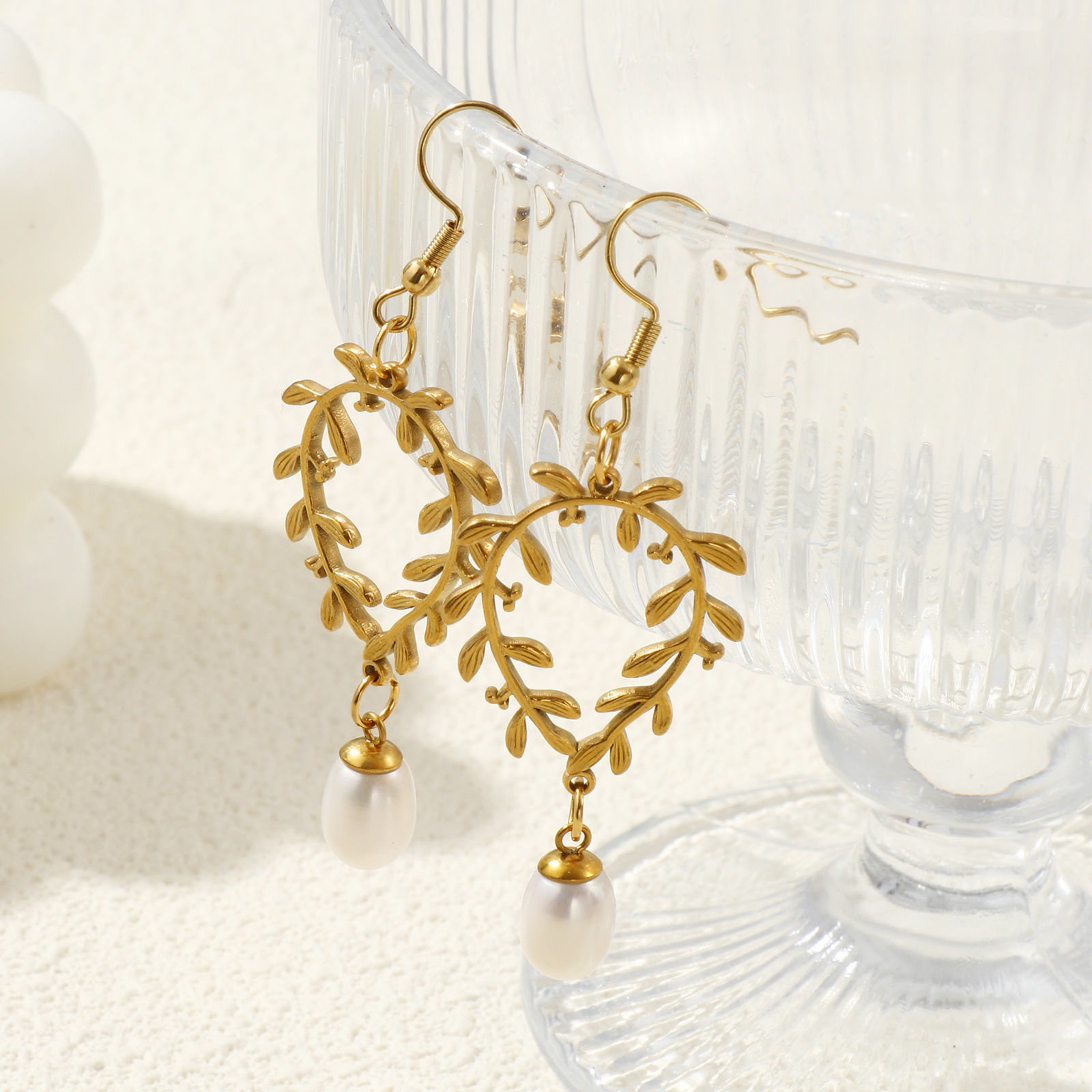 Picture of 1 Pair Eco-friendly PVD Vacuum Plating Stylish Exquisite 18K Real Gold Plated White 304 Stainless Steel & Natural Pearl Leaf Earrings For Women Gift 6.6cm x 2.3cm, Post/ Wire Size: 0.7mm(21 gauge)