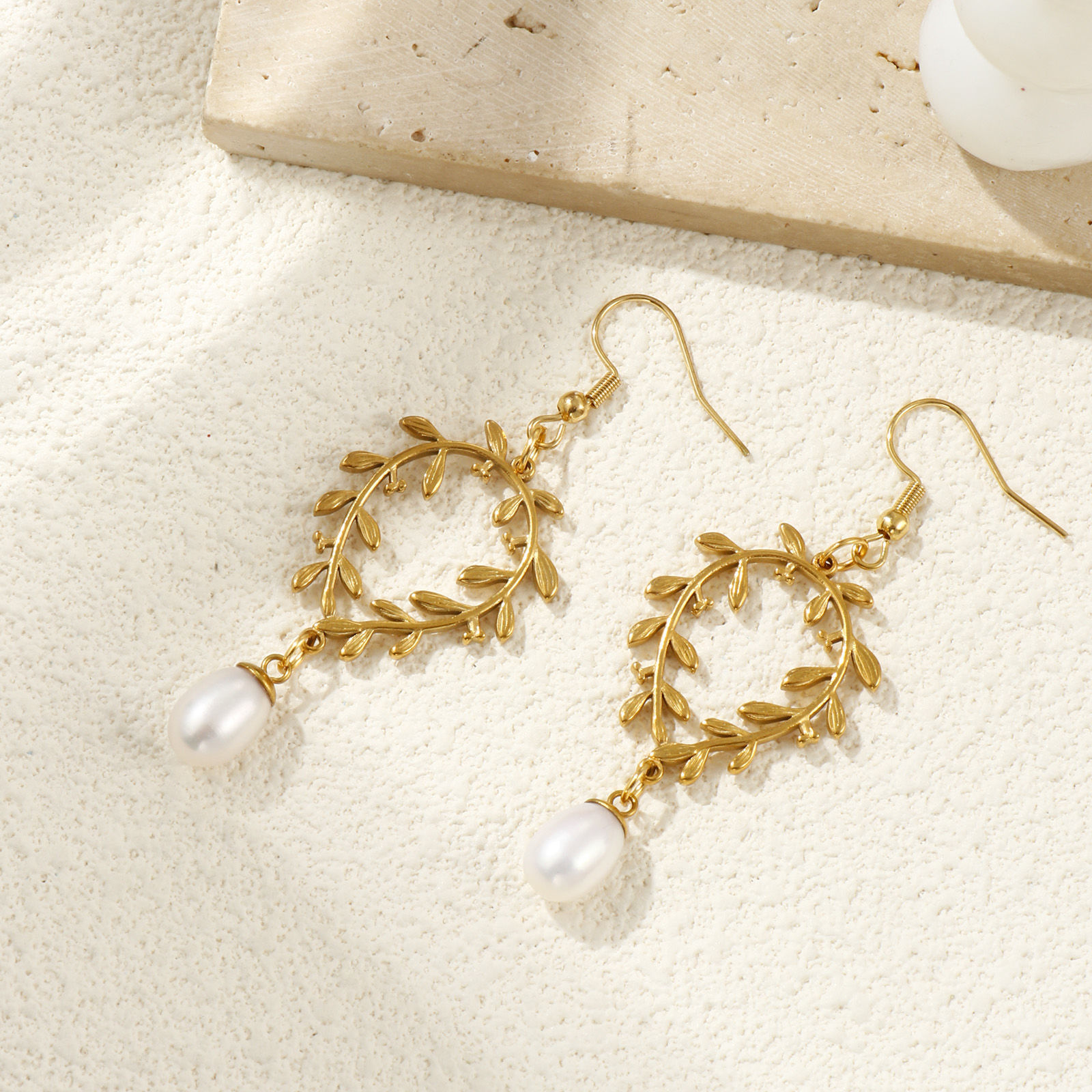 Picture of 1 Pair Eco-friendly PVD Vacuum Plating Stylish Exquisite 18K Real Gold Plated White 304 Stainless Steel & Natural Pearl Leaf Earrings For Women Gift 6.6cm x 2.3cm, Post/ Wire Size: 0.7mm(21 gauge)