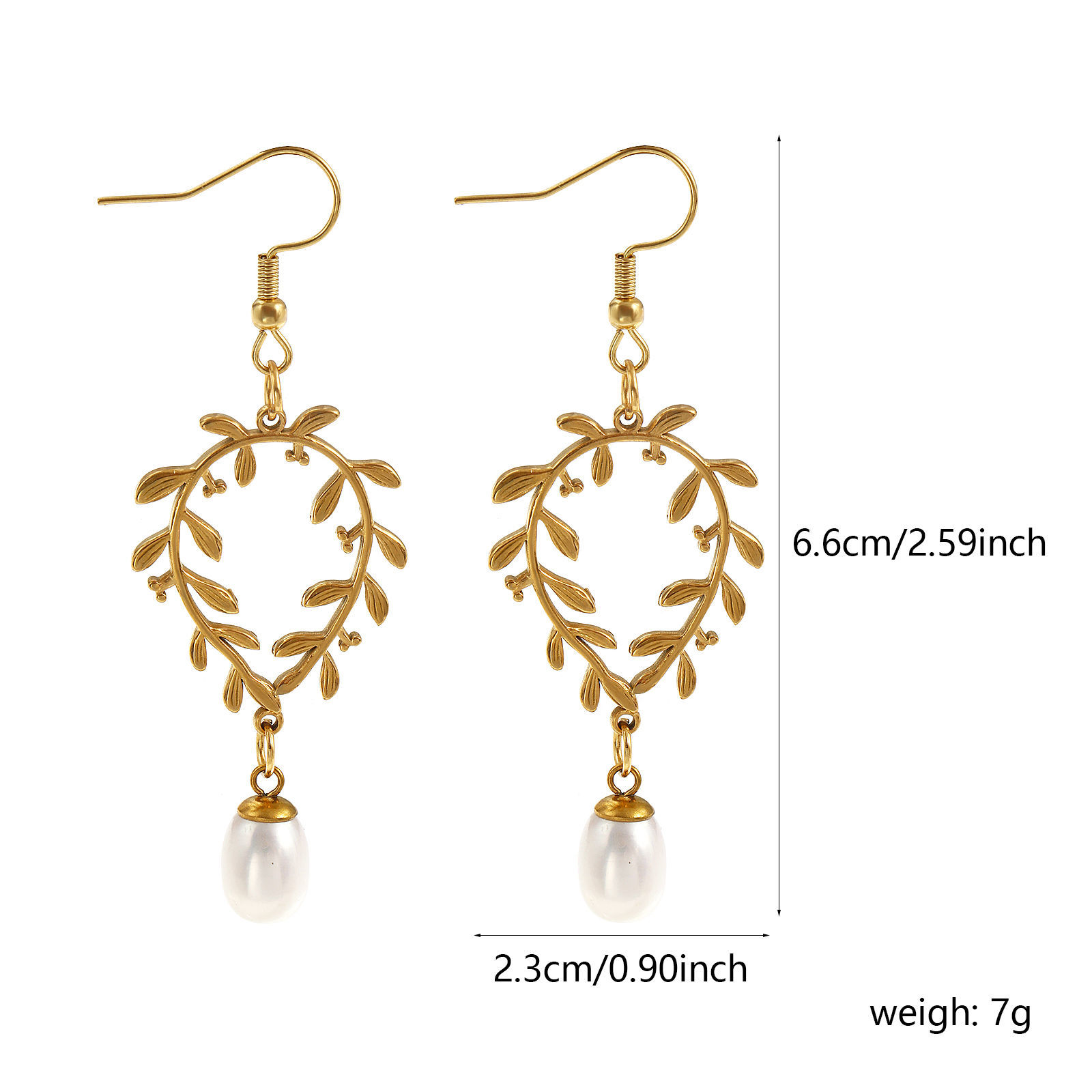 Picture of 1 Pair Eco-friendly PVD Vacuum Plating Stylish Exquisite 18K Real Gold Plated White 304 Stainless Steel & Natural Pearl Leaf Earrings For Women Gift 6.6cm x 2.3cm, Post/ Wire Size: 0.7mm(21 gauge)