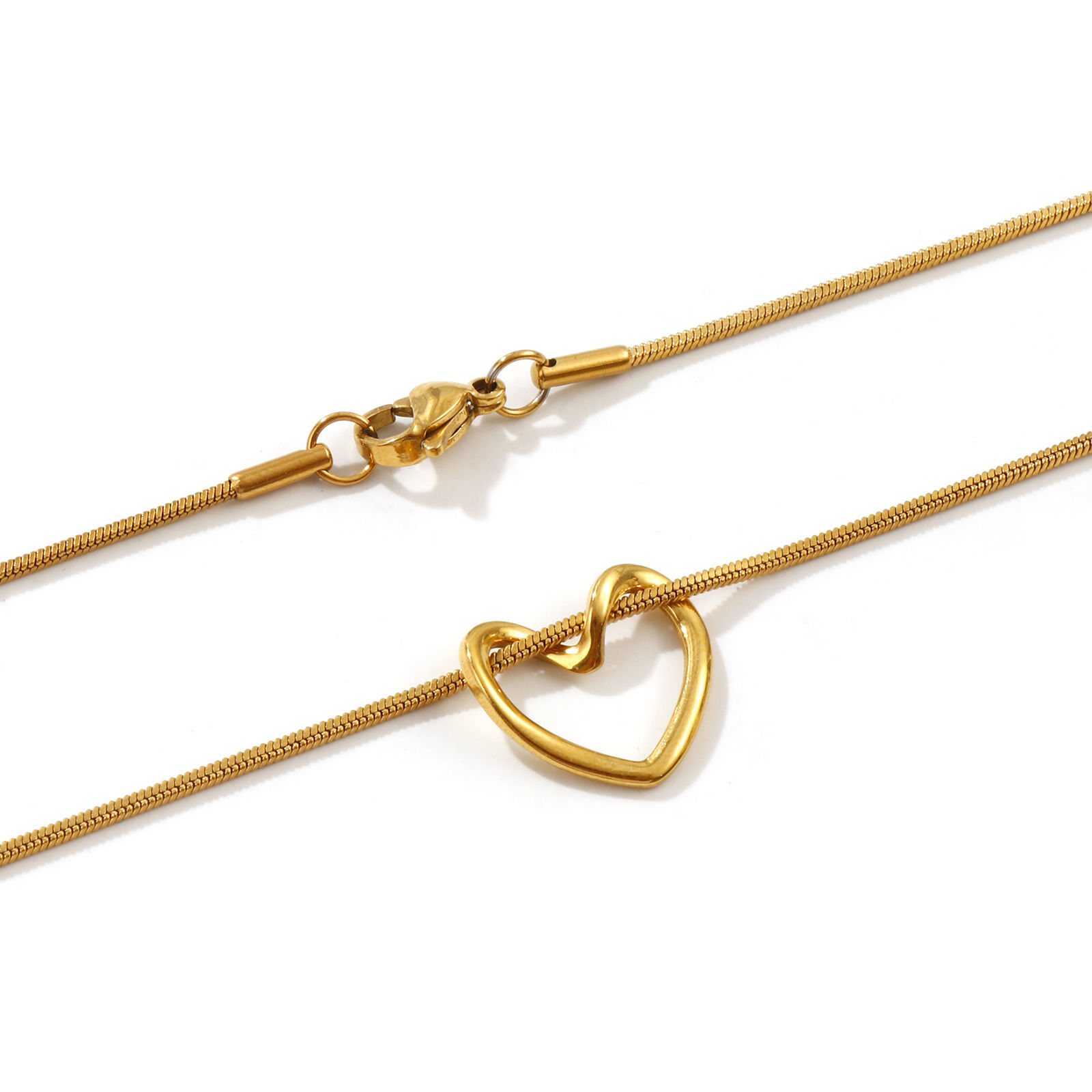 Picture of 18K Real Gold Plated Square Snake Chain Heart Pendant Charm Necklace, 304 Stainless Steel 45cm(17.7"), For Women, Valentine's Day Exquisite Gift, Eco-friendly PVD Vacuum Plating, 1 Piece