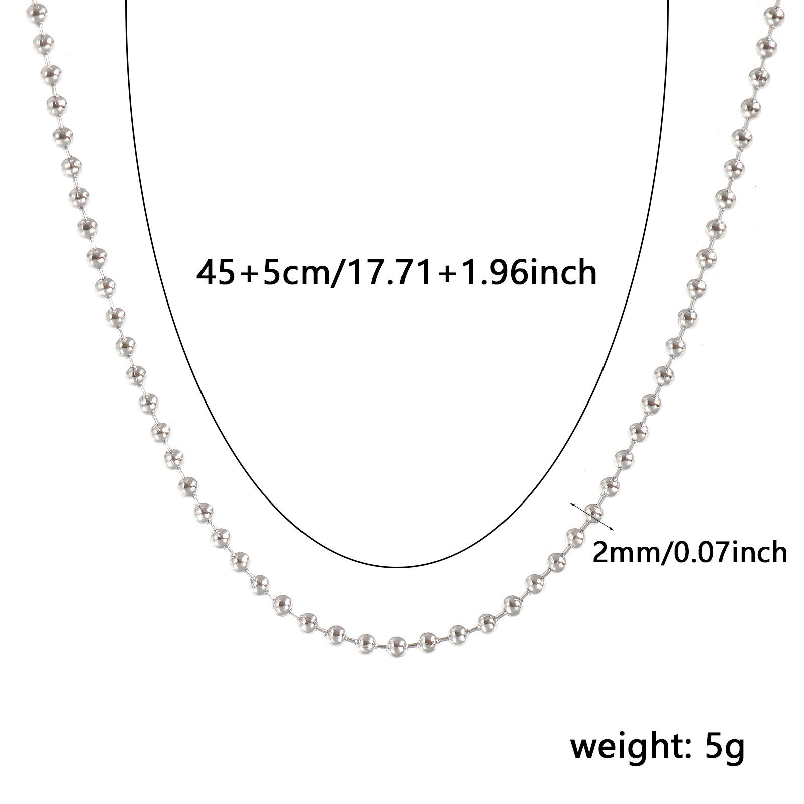 Picture of Wholesale Ball Chain Necklace, Silver Tone 304 Stainless Steel, Unisex Eco-friendly Exquisite Minimalist Gift Jewelry For Retailer, 45cm(17.7") + 5cm(2") long, Chain Size: 2mm, 1 Piece