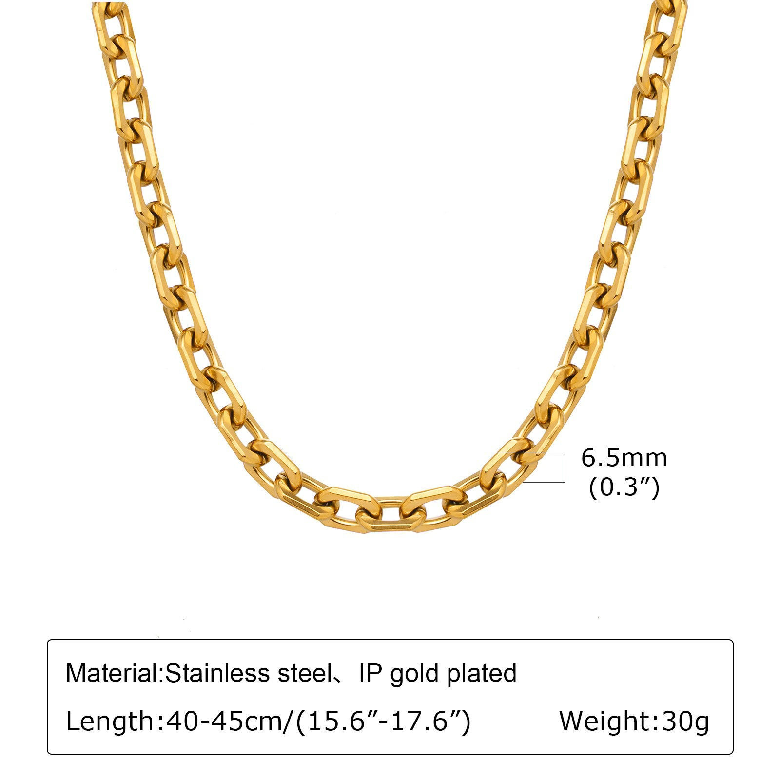 Picture of Wholesale Link Cable Chain Necklace, 18K Gold Plated 304 Stainless Steel, Women's Eco-friendly PVD Stylish Minimalist Gift Jewelry For Retailer, 40cm(15.7") + 5cm(2") long, Chain Size: 6.5mm, 1 Piece
