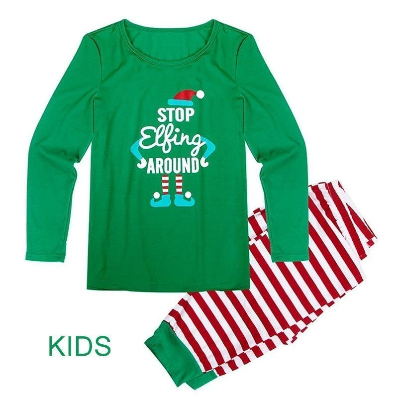 Picture of 1 Set Cotton Polyester Blend Christmas Family Matching Sleepwear Nightwear Pajamas Set Pixie Elf Stripe Green For Kids Children 100cm