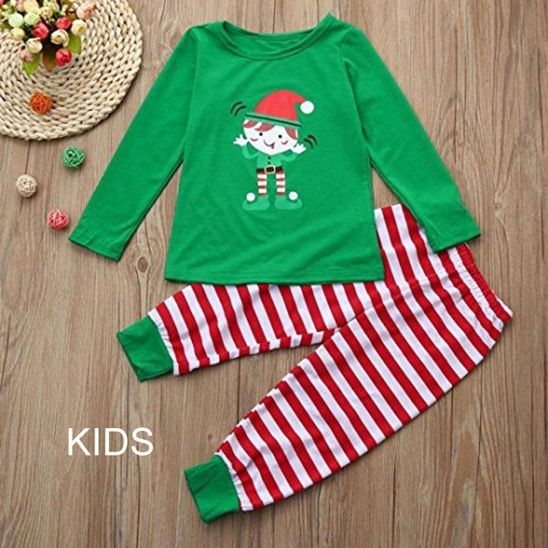 Picture of 1 Set Cotton Polyester Blend Christmas Family Matching Sleepwear Nightwear Pajamas Set Pixie Elf Stripe Green For Kids Children 100cm