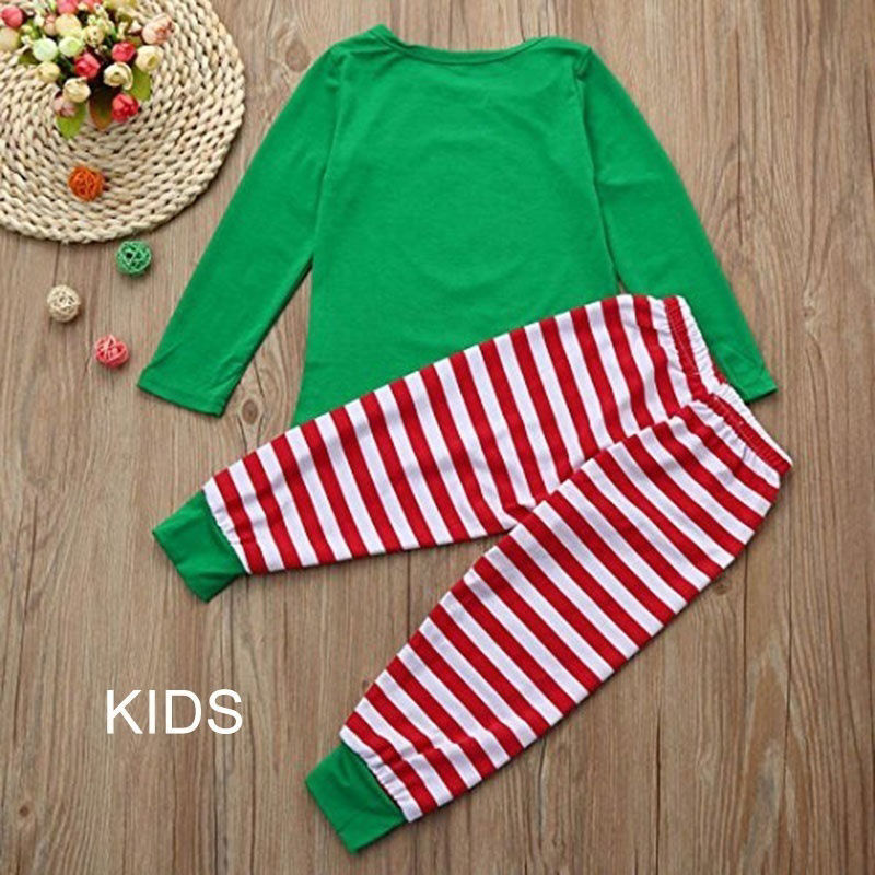 Picture of 1 Set Cotton Polyester Blend Christmas Family Matching Sleepwear Nightwear Pajamas Set Pixie Elf Stripe Green For Kids Children 100cm