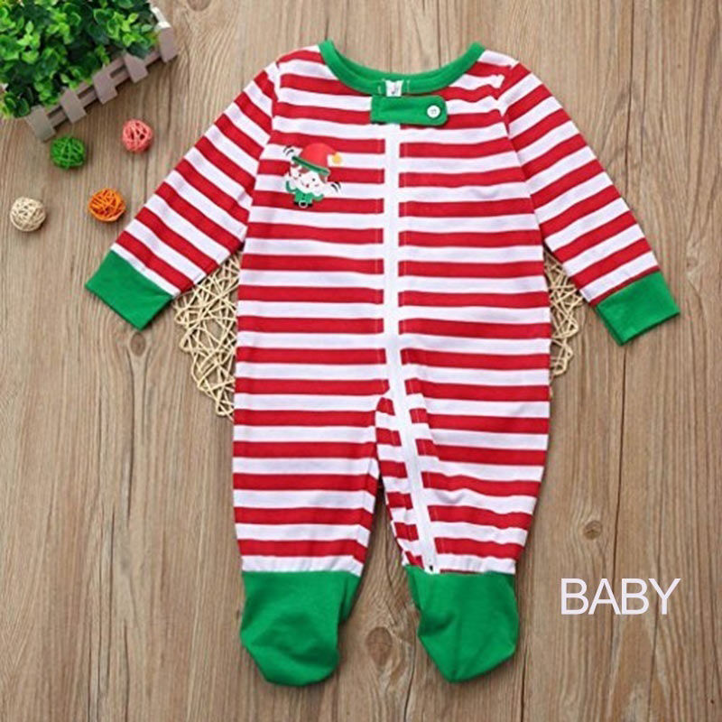 Picture of 1 Set Cotton Polyester Blend Christmas Family Matching Sleepwear Nightwear Pajamas Set Pixie Elf Stripe Green For Kids Children 100cm
