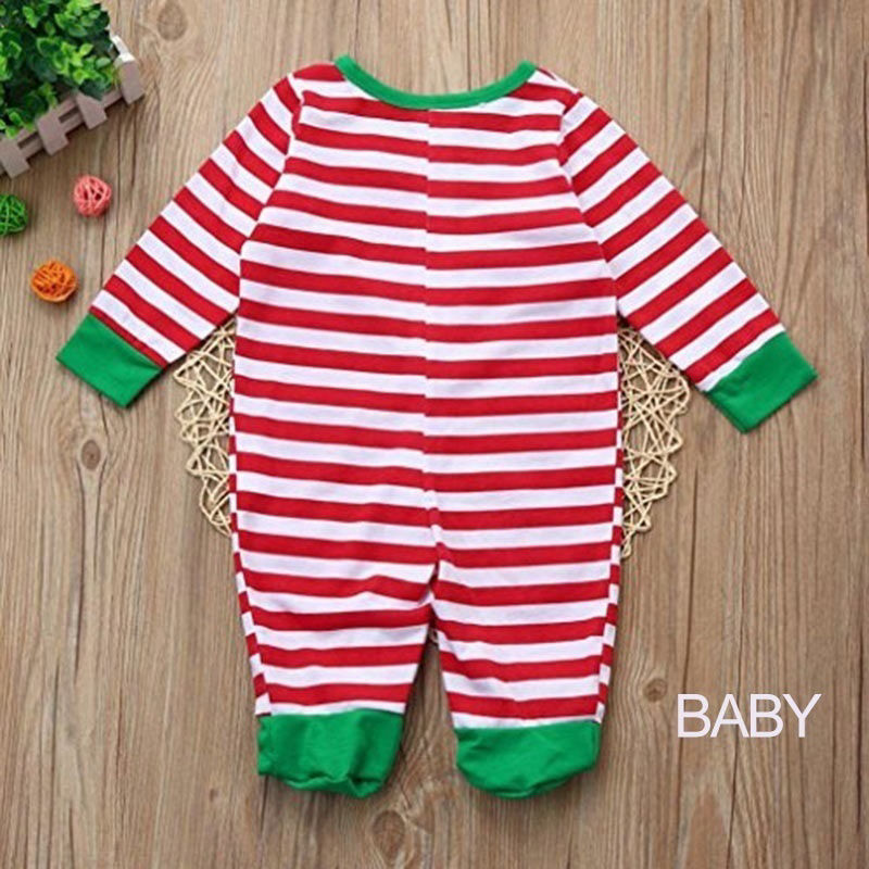 Picture of 1 Set Cotton Polyester Blend Christmas Family Matching Sleepwear Nightwear Pajamas Set Pixie Elf Stripe Green For Kids Children 100cm