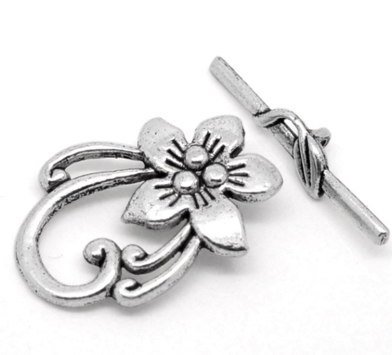 亜鉛合金 マンテル トグルクラスプ フラワー 銀古美 花パターン 30mm x 6mm 30mm x 20mm、 10 セット の画像
