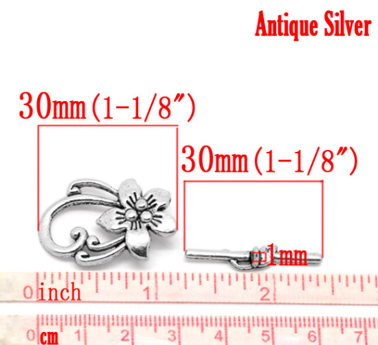 亜鉛合金 マンテル トグルクラスプ フラワー 銀古美 花パターン 30mm x 6mm 30mm x 20mm、 10 セット の画像