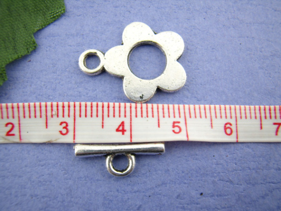 亜鉛合金 マンテル トグルクラスプ フラワー 銀古美 20mm x 16mm 16mm x 6mm、 25 セット の画像