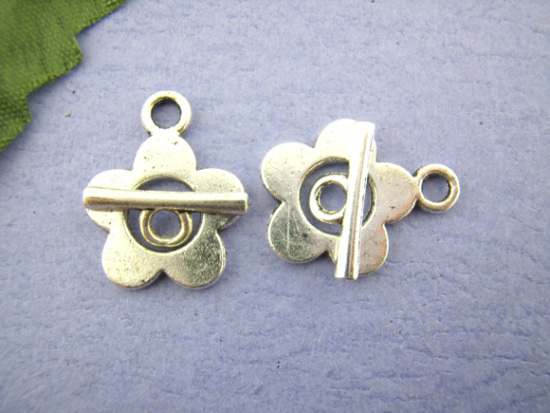 亜鉛合金 マンテル トグルクラスプ フラワー 銀古美 20mm x 16mm 16mm x 6mm、 25 セット の画像