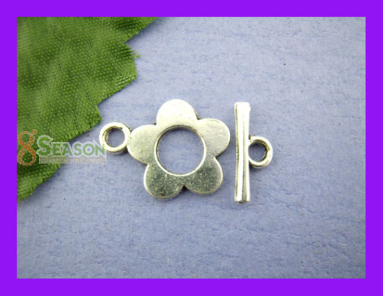 亜鉛合金 マンテル トグルクラスプ フラワー 銀古美 20mm x 16mm 16mm x 6mm、 25 セット の画像
