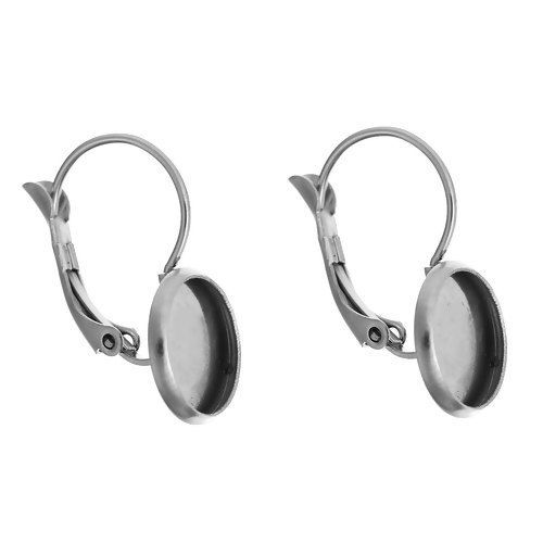 Image de Boucles d'Oreilles Clips Supports à Cabochons en Acier Inoxydable Rond Argent Mat (Cabochon Rapportable 10mm Dia.) 23mm x 12mm, Epaisseur de Fil: (20 gauge), 10 Pcs