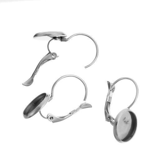 Image de Boucles d'Oreilles Clips Supports à Cabochons en Acier Inoxydable Rond Argent Mat (Cabochon Rapportable 10mm Dia.) 23mm x 12mm, Epaisseur de Fil: (20 gauge), 10 Pcs