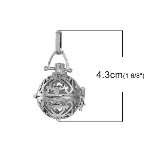 Picture of Brass Pendants Mexican Angel Caller Bola Harmony Ball Wish Box Silver Tone Heart Hollow Can Open (Fit Bead Size: 16mm) 43mm(1 6/8") x 25mm(1"), 1 Piece